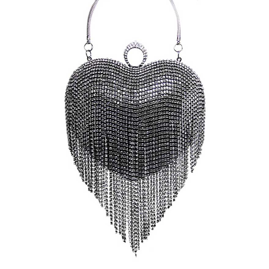 Rhinestone Fringe Heart Evening Tote Clutch Crossbody Bag - Image 6