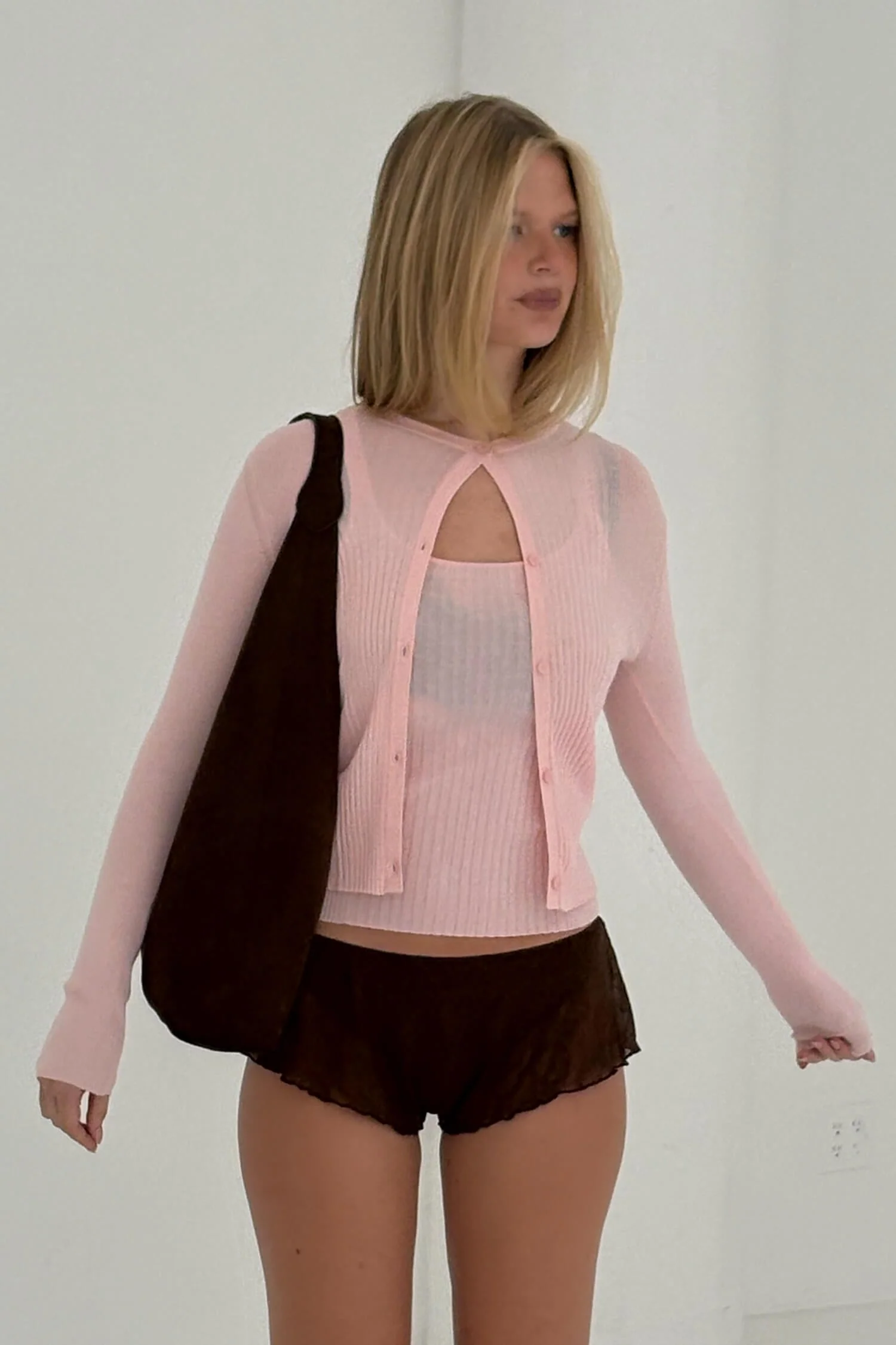 Ribbed Knit Cardigan in Powder Pink - Image 7
