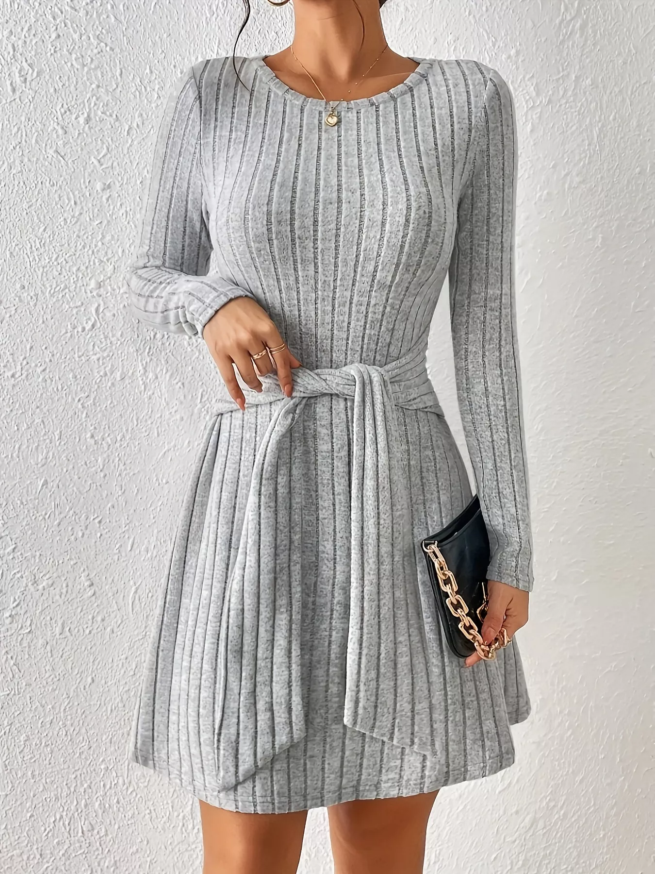 Ribbed Knit Tie Waist Long Sleeve Casual Dress - Image 2