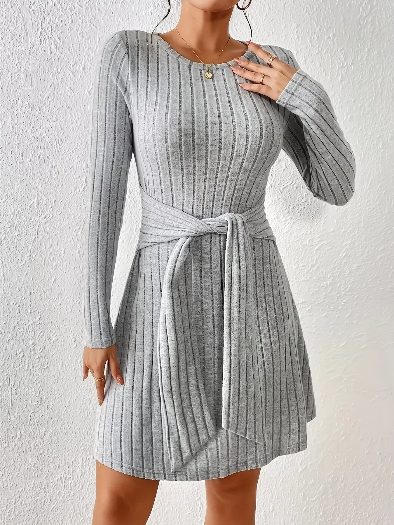 Ribbed Knit Tie Waist Long Sleeve Casual Dress - Image 3