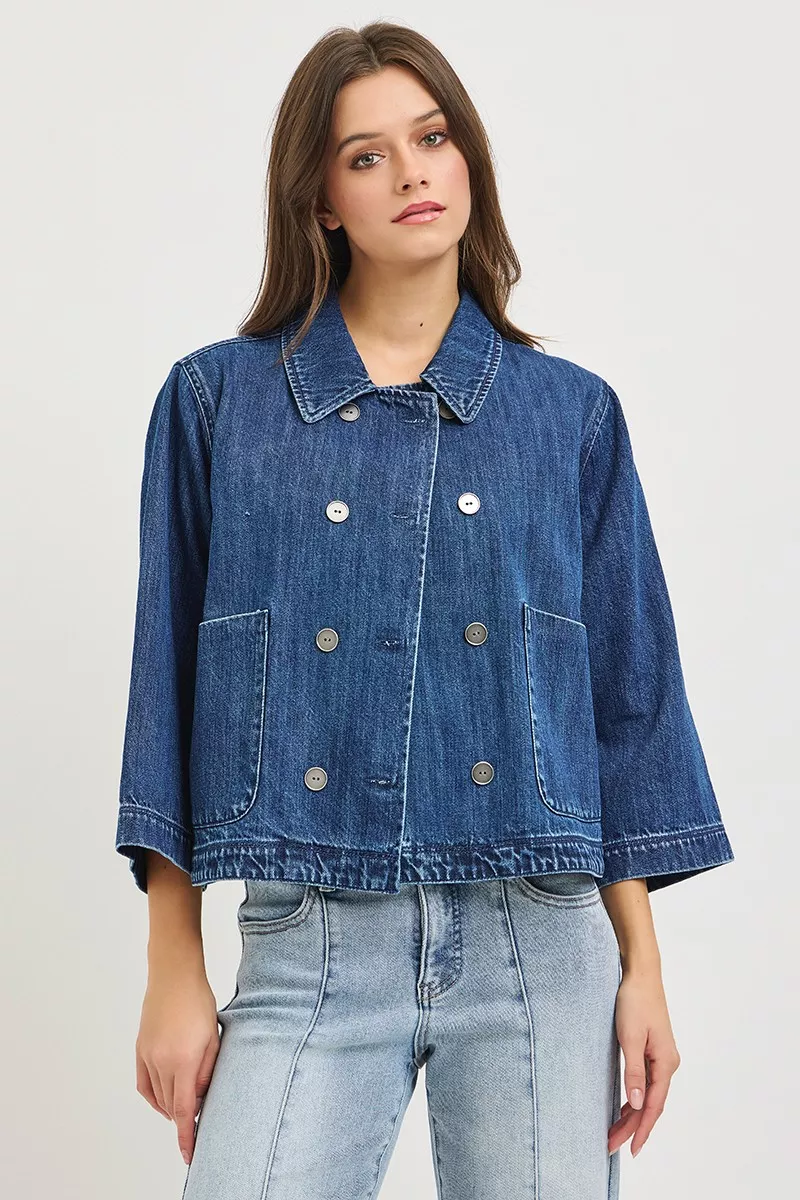 RISEN Double-Breasted Flowy Cropped Denim Jacket - Image 2
