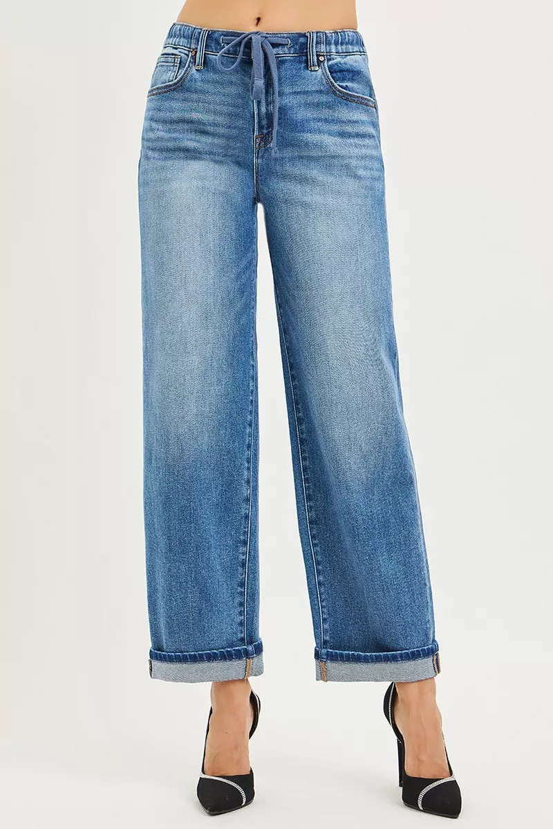 RISEN Elastic Band Slouch Ankle Boyfriend Cuffed Hem Jeans - Image 2
