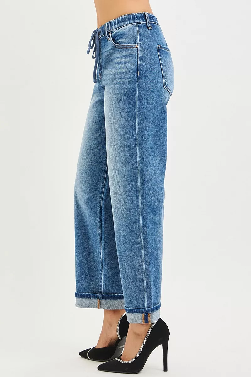 RISEN Elastic Band Slouch Ankle Boyfriend Cuffed Hem Jeans - Image 4