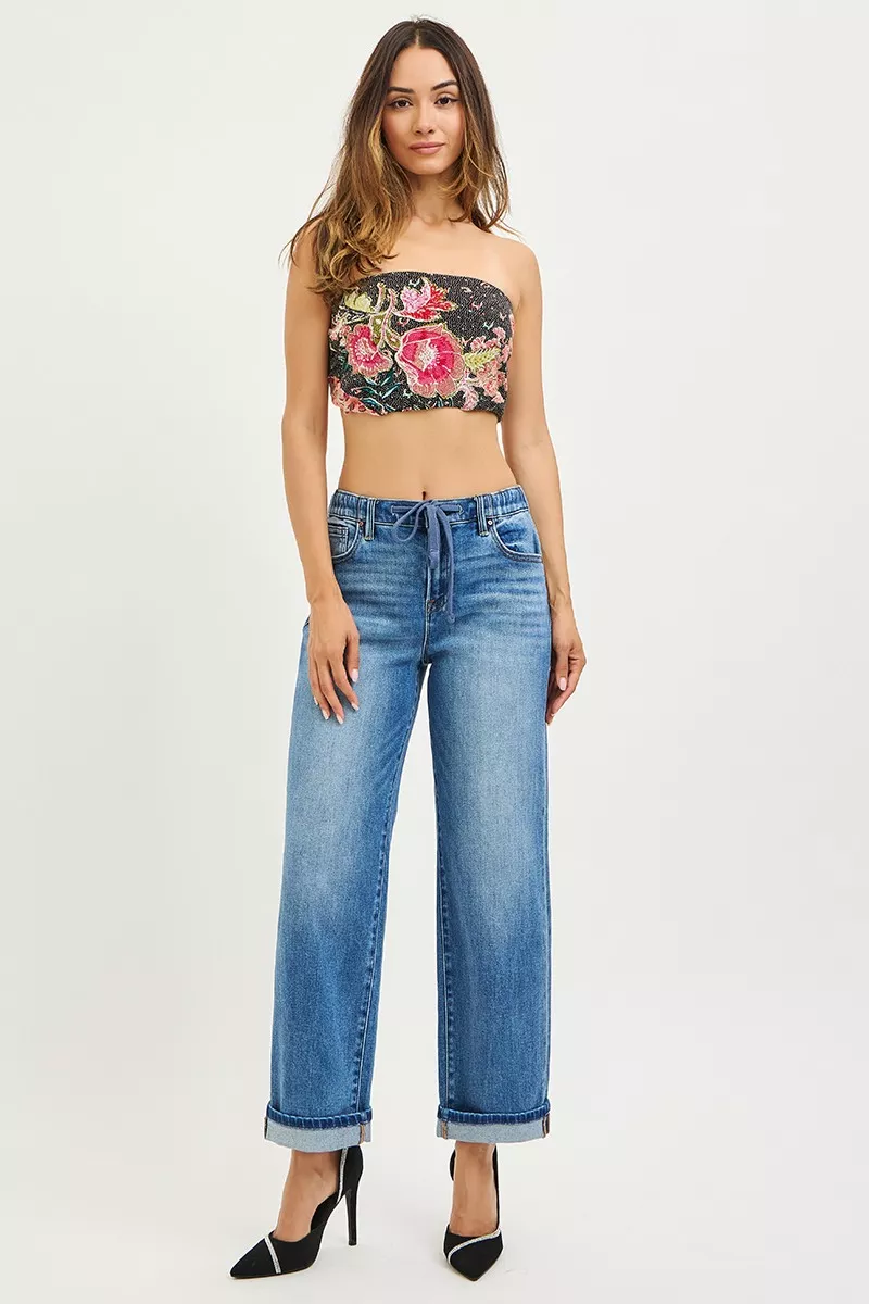 RISEN Elastic Band Slouch Ankle Boyfriend Cuffed Hem Jeans - Image 6