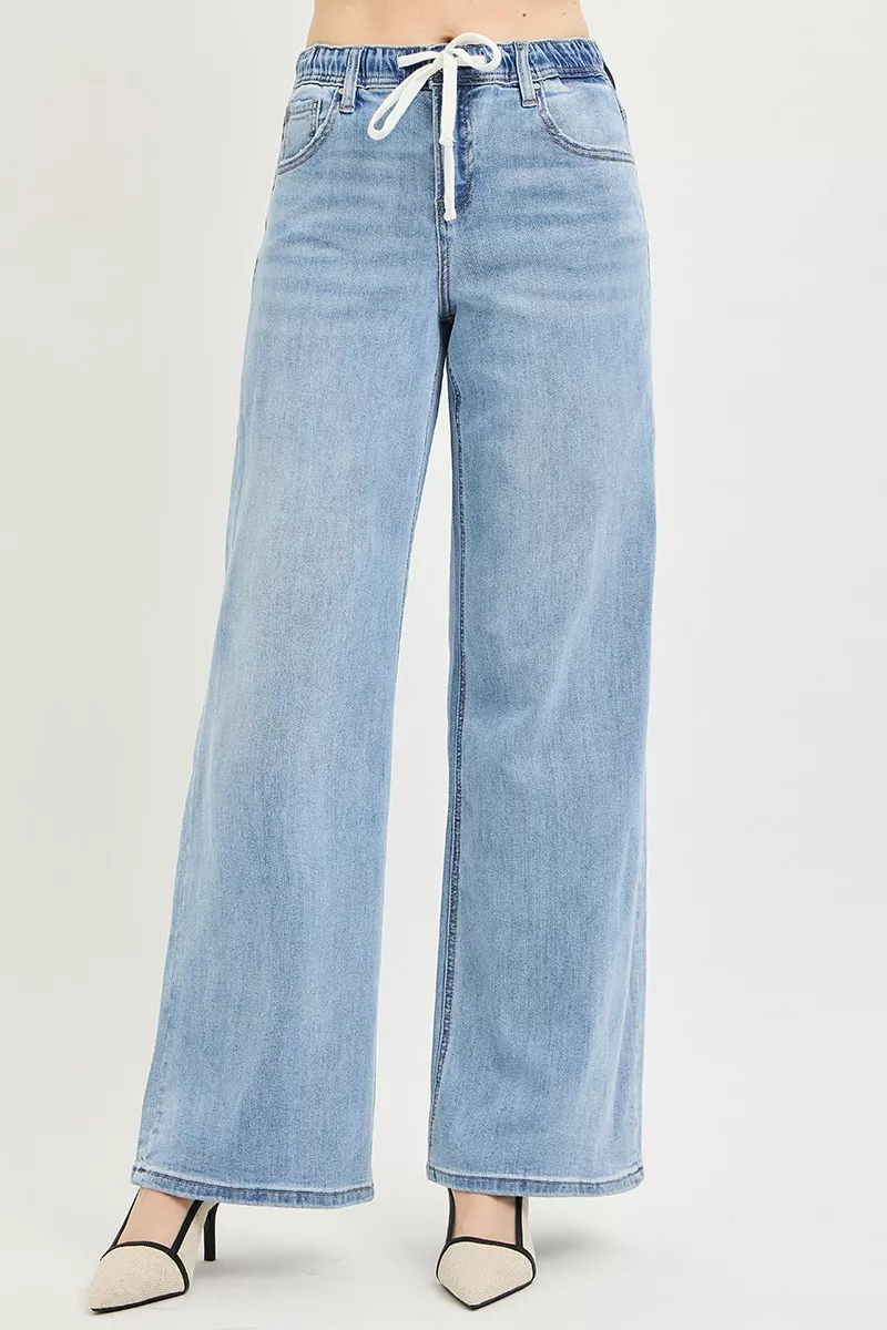 RISEN Elastic Band Slouchy Wide Jeans with Drawstring