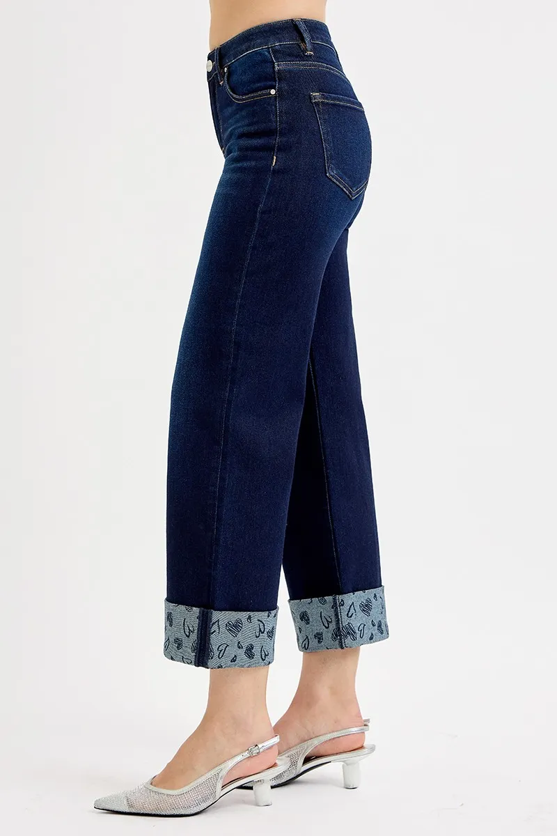 RISEN Full Size Mid Rise Fit Crop Wide With Printed Cuff Jeans Plus Size - Image 4
