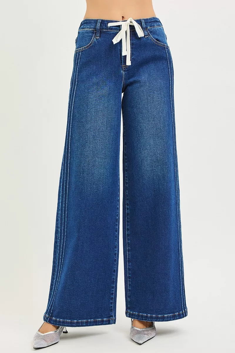 RISEN Full Size Mid Rise Wide Side Pintuck Jeans with Front Drawstring Plus Size - Image 3