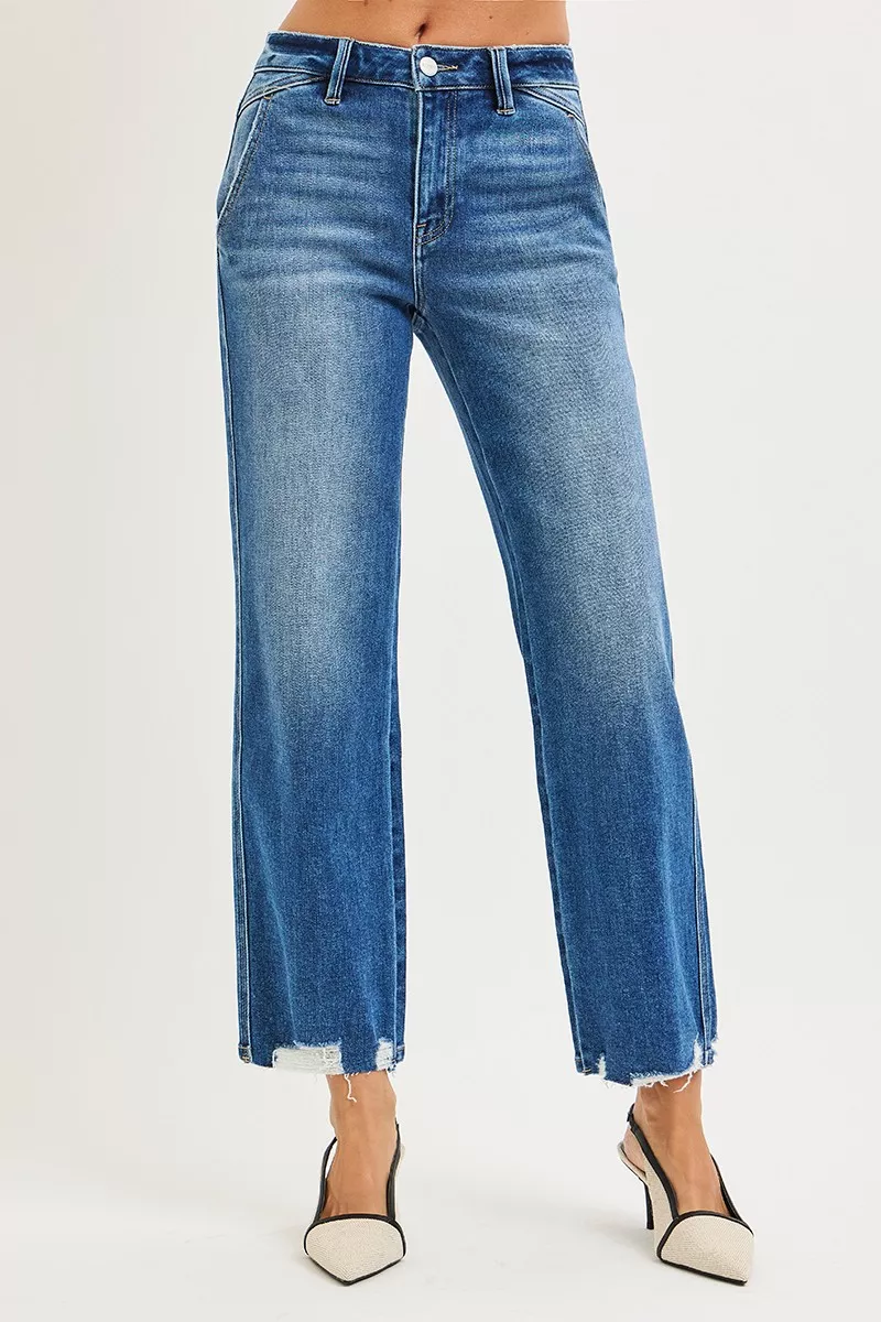 RISEN High Rise Ankle Straight Distressed Hem Detail Jeans - Image 2