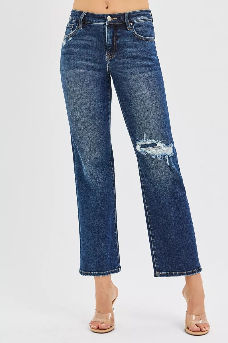 RISEN High Rise Crop Slim Straight Jenas with Hidden Knee Patch - Image 2