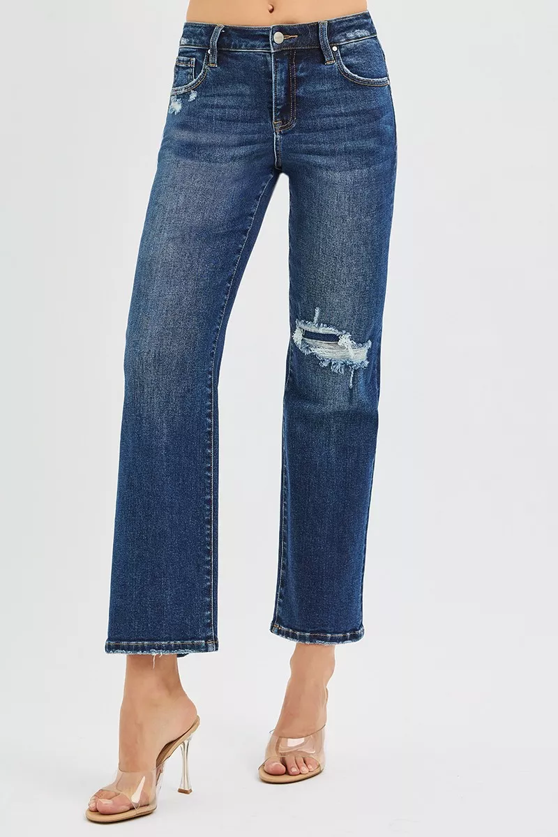 RISEN High Rise Crop Slim Straight Jenas with Hidden Knee Patch - Image 3