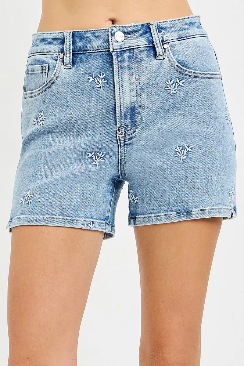 RISEN High Rise Denim Shorts with Embroidered Detail