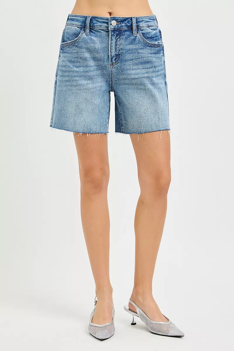 RISEN Slouchy Mid Length All Over Rhinestones Shorts - Image 6