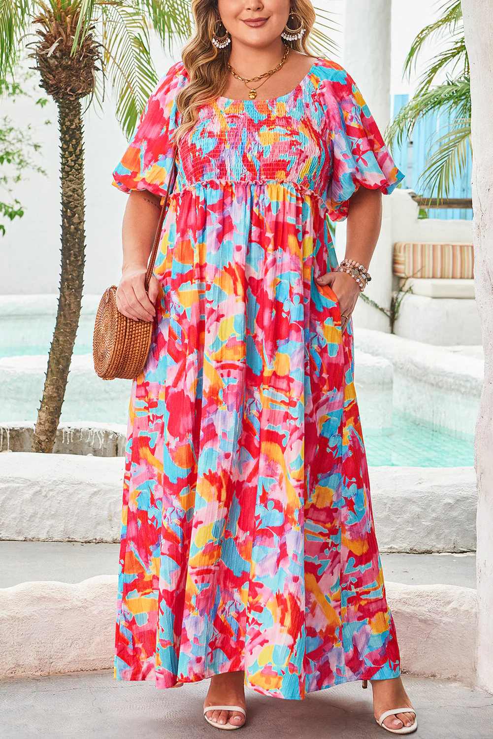 Rose Abstract Printed Puff Sleeve Square Neck Smocked Bust Tied Back Plus Size Dress - Image 15