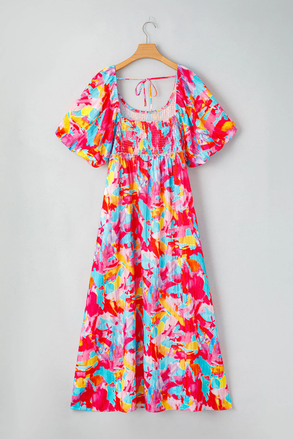 Rose Abstract Printed Puff Sleeve Square Neck Smocked Bust Tied Back Plus Size Dress - Image 5