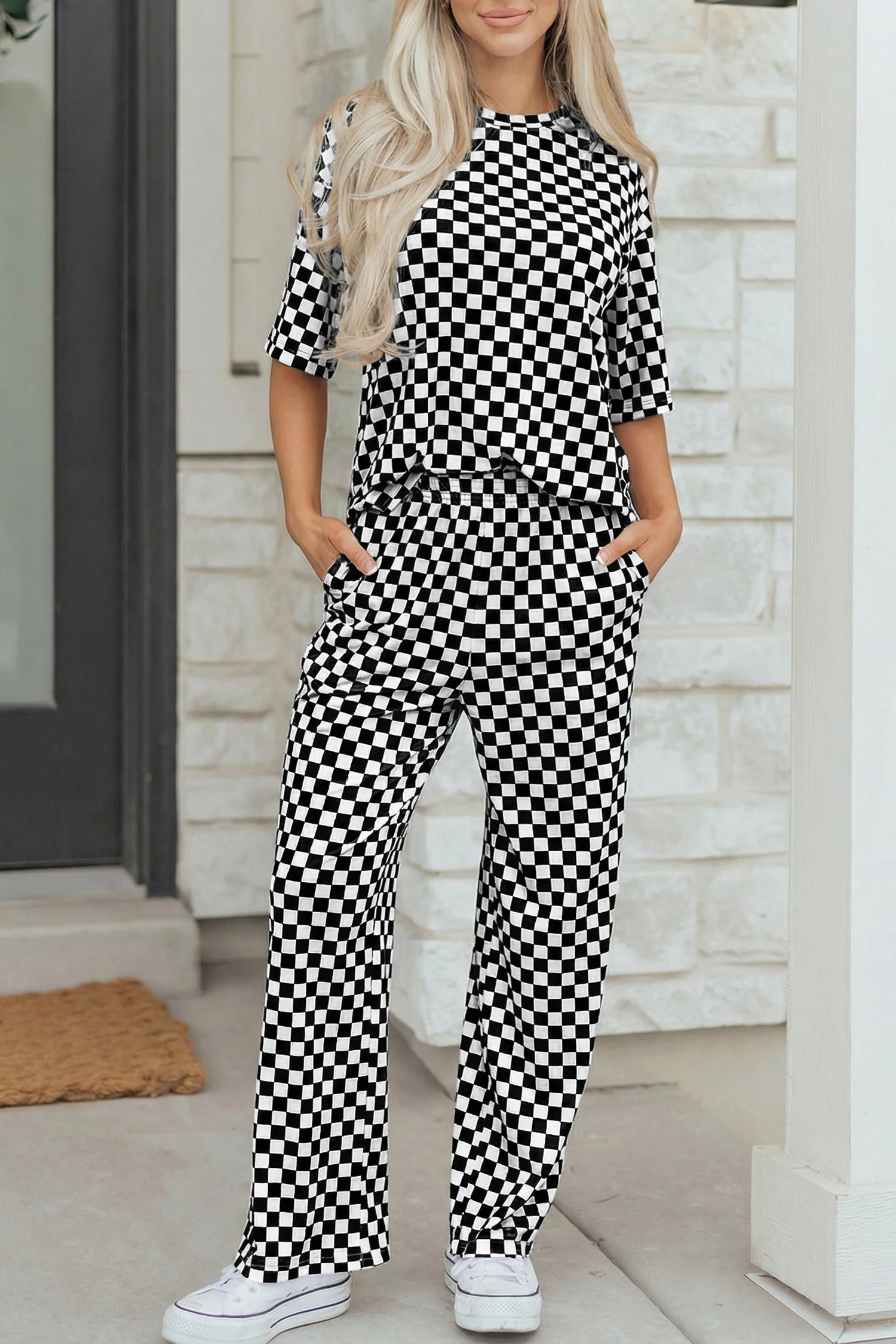 Rose Checkered Print Half Sleeve Tee 2pcs Lounge Pant Set - Image 22