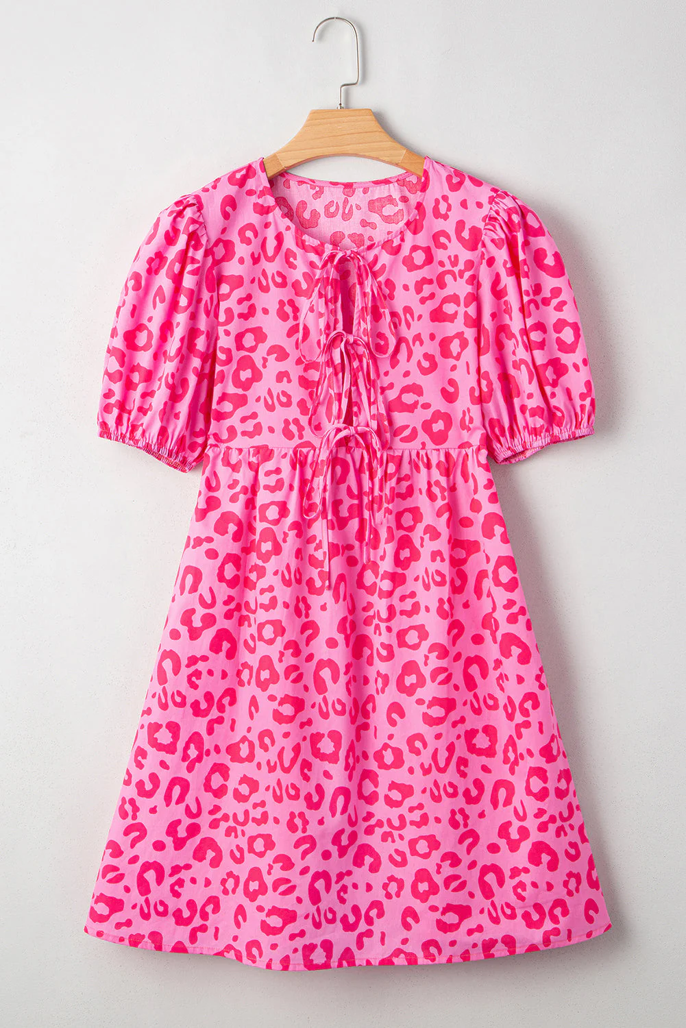 Rose Leopard Puff Sleeve Tie Front High Waist Mini Dress - Image 3