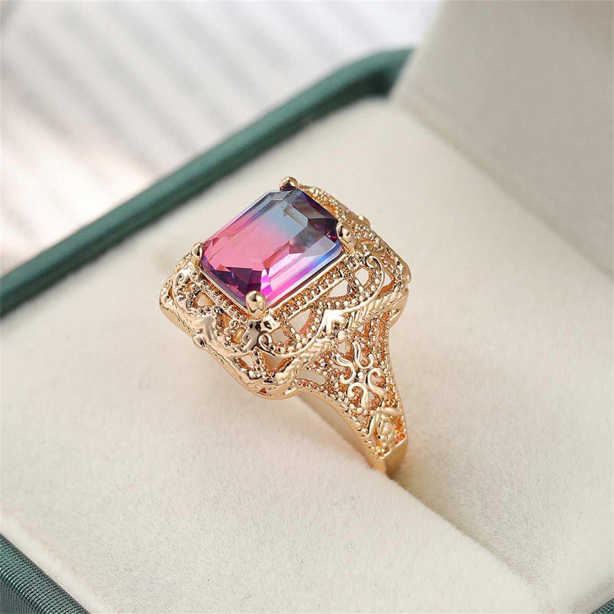 Rose Purple Crystal & Goldtone Radiant-Cut Ring - Image 4