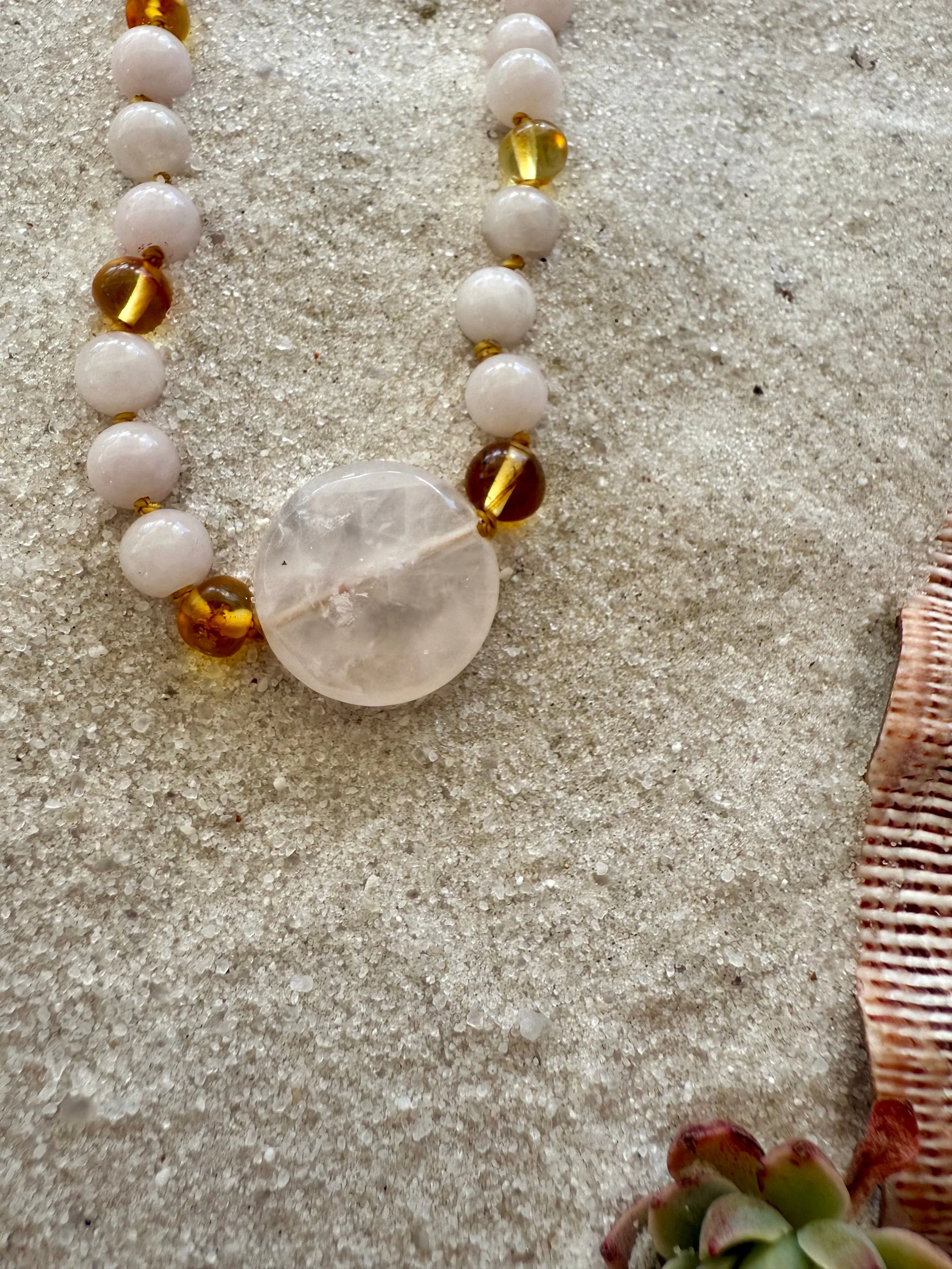 Rose Quartz + Honey Baltic Sea Amber || Rose Quartz Stone Necklace - Image 4