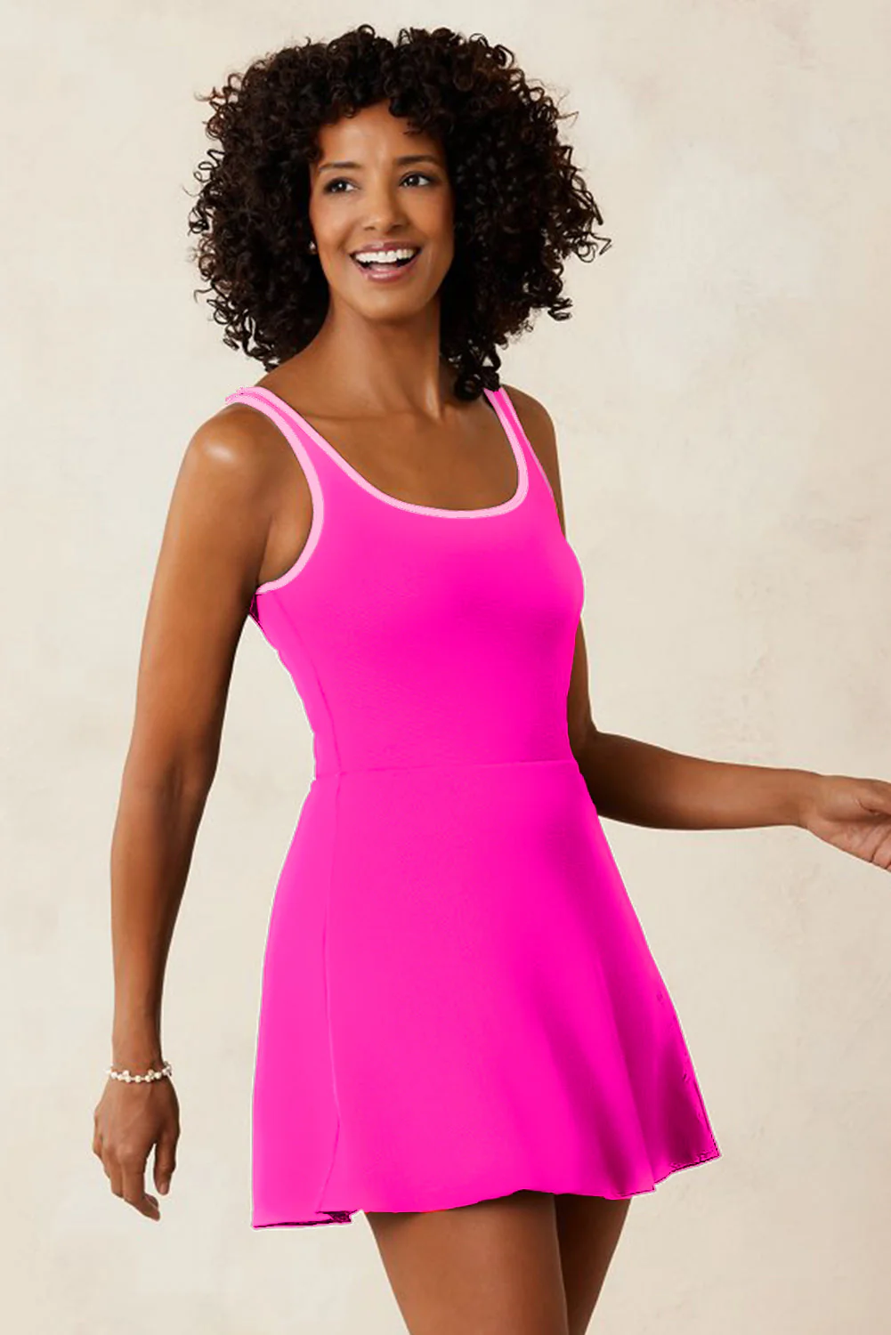 Rose Red Contrast Trim Neckline Active Shorts Attached One Piece Swim Dress - Image 4