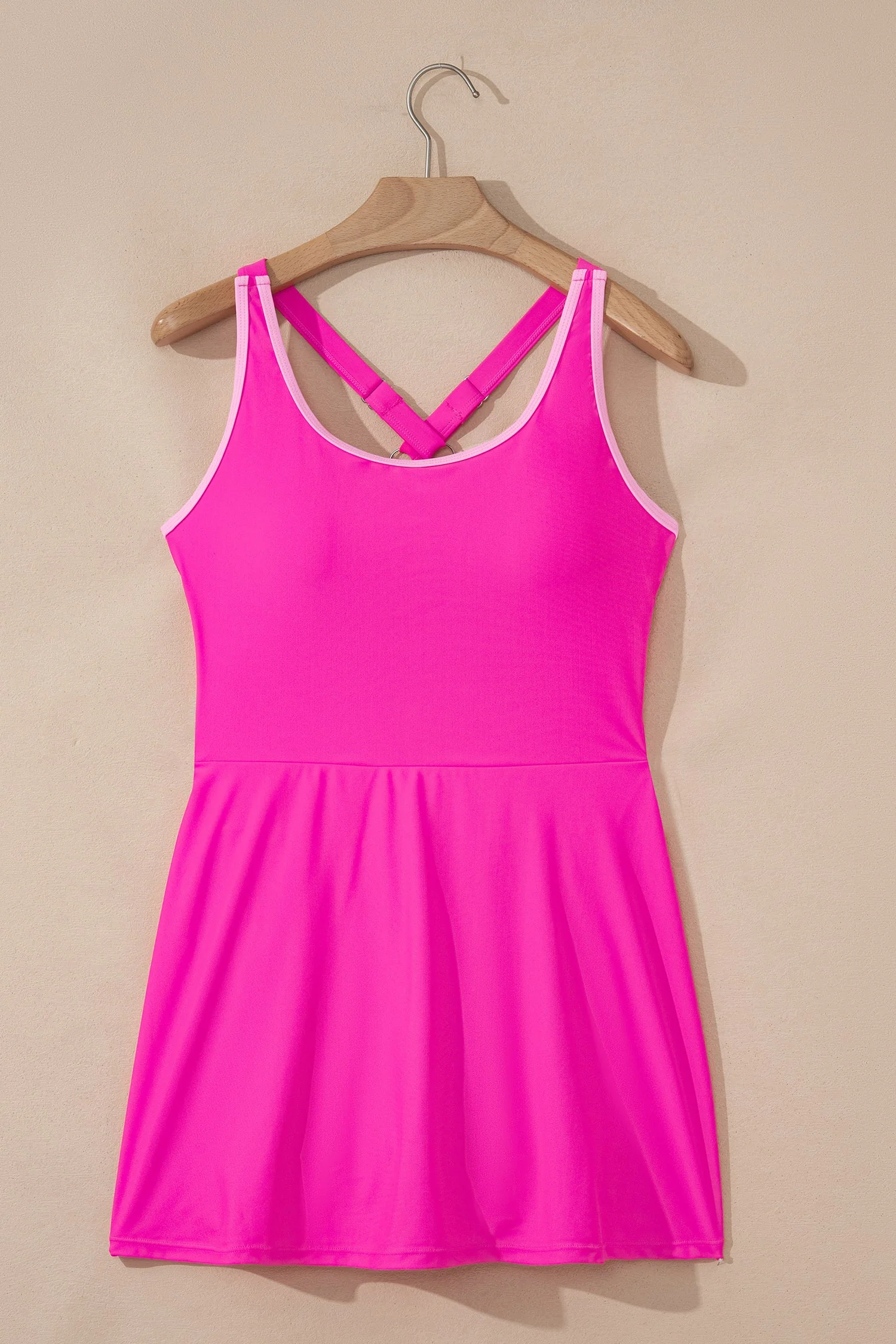 Rose Red Contrast Trim Neckline Active Shorts Attached One Piece Swim Dress - Image 8