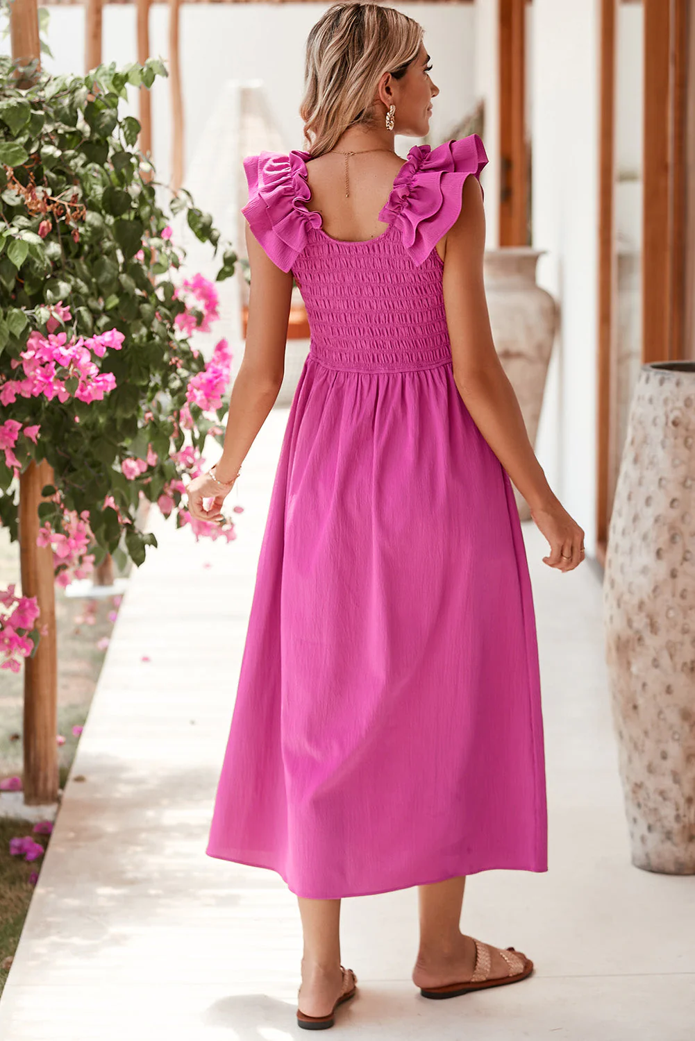Rose Red Crinkled Ruffle Strap Smocked Midi Dress - Image 2