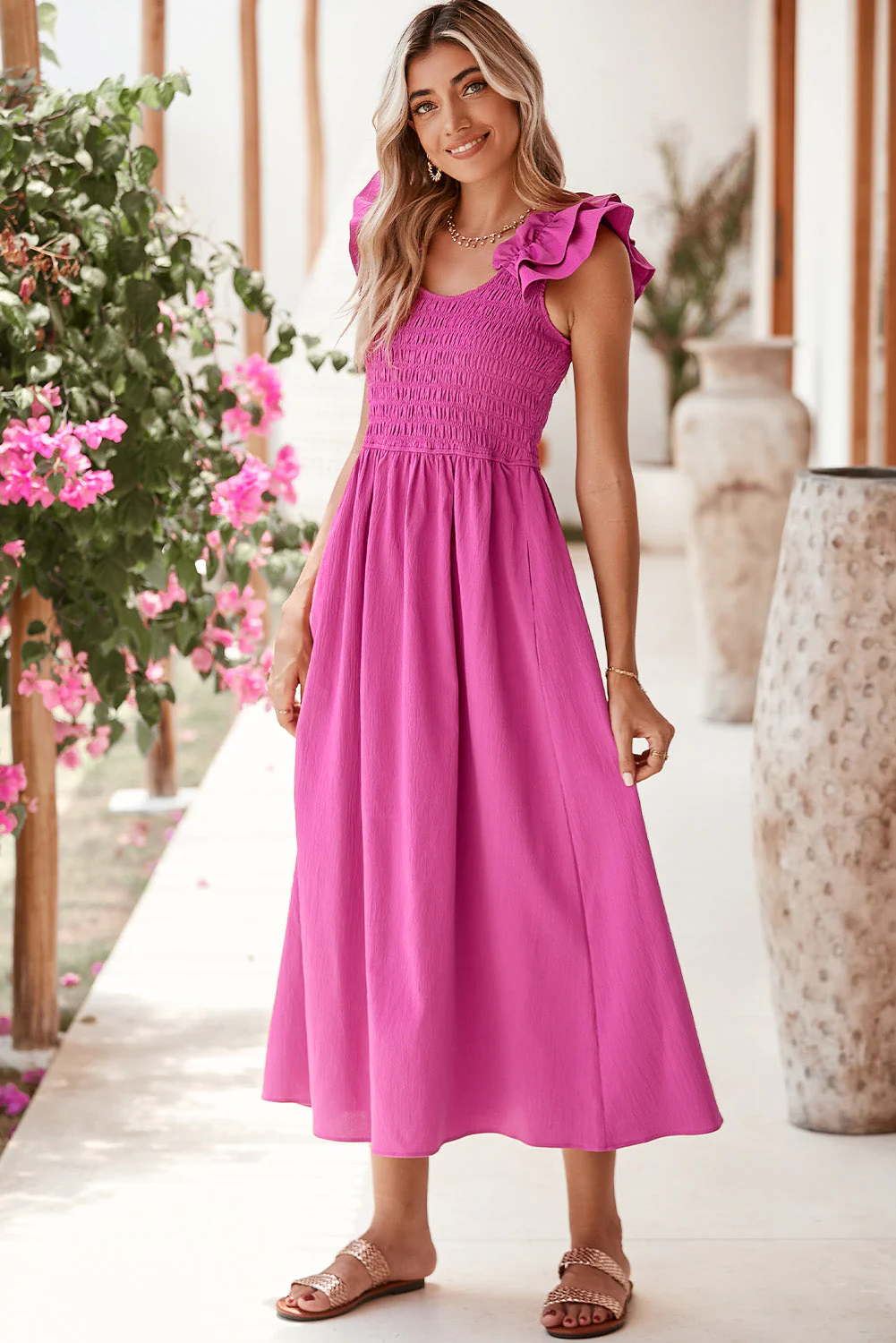 Rose Red Crinkled Ruffle Strap Smocked Midi Dress - Image 3