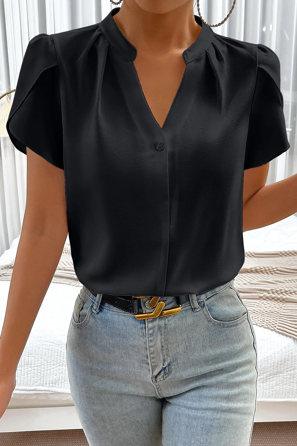 Rose Red Silky Notched Neckline Petal Sleeve Blouse - Image 12
