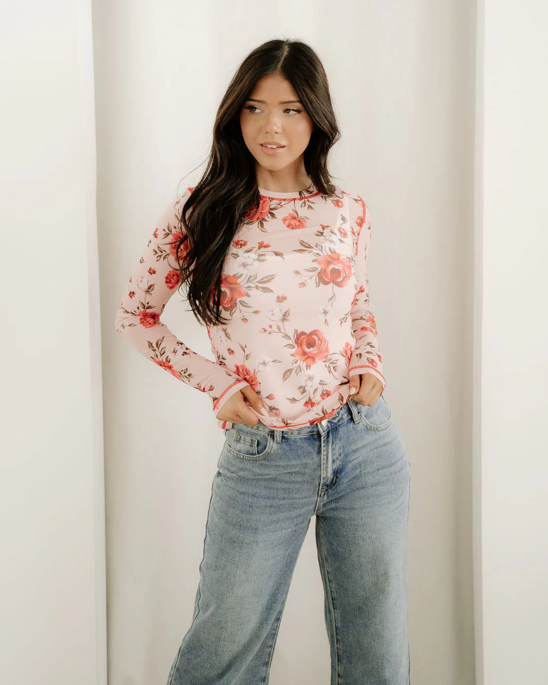 Rose Semi Sheer Crew Neck Long Sleeve Mesh Layering Top - Image 4
