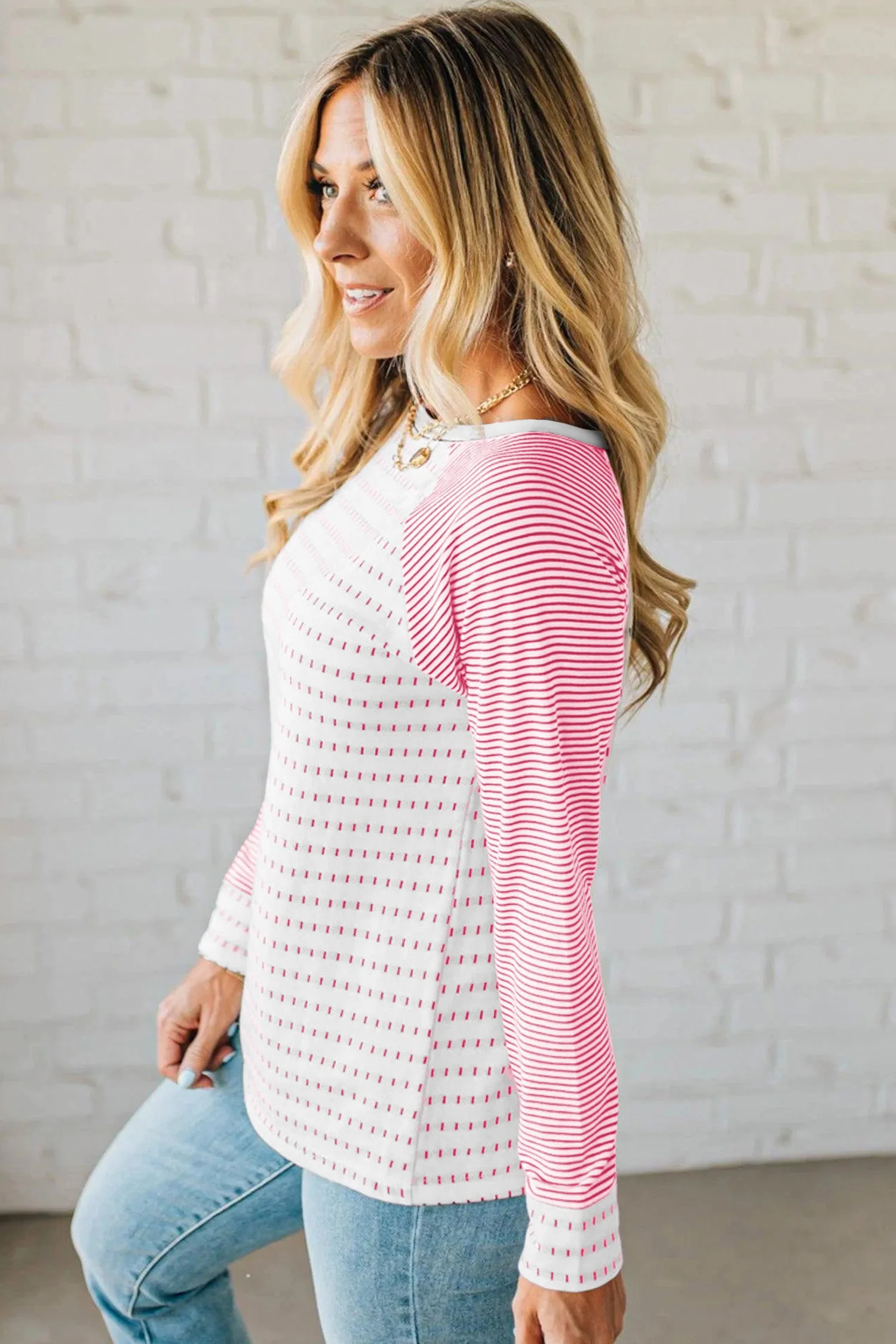 Rose Stripe Raglan Patchwork Long Sleeve Tee - Image 3