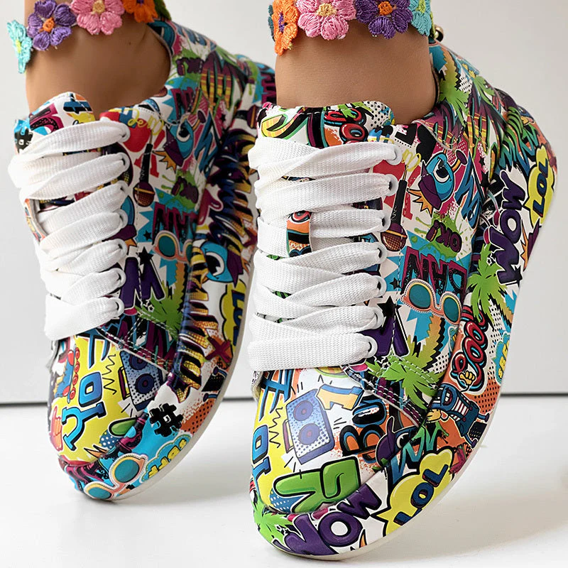 Round-Toe Thick-Sole Lace-Up Sneakers — Women’s Casual Print Shoes - Image 2