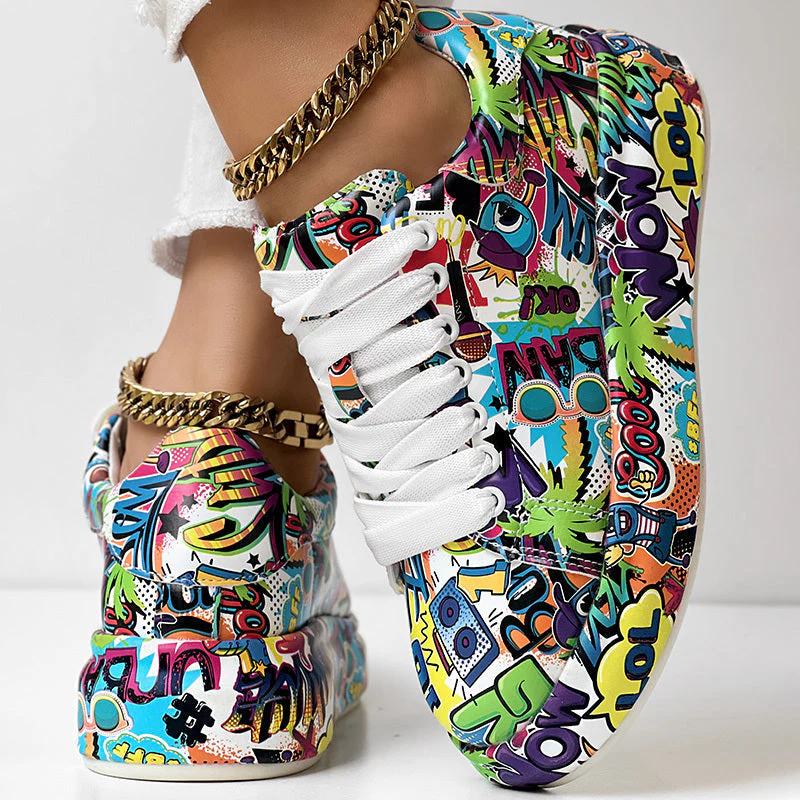 Round-Toe Thick-Sole Lace-Up Sneakers — Women’s Casual Print Shoes - Image 3