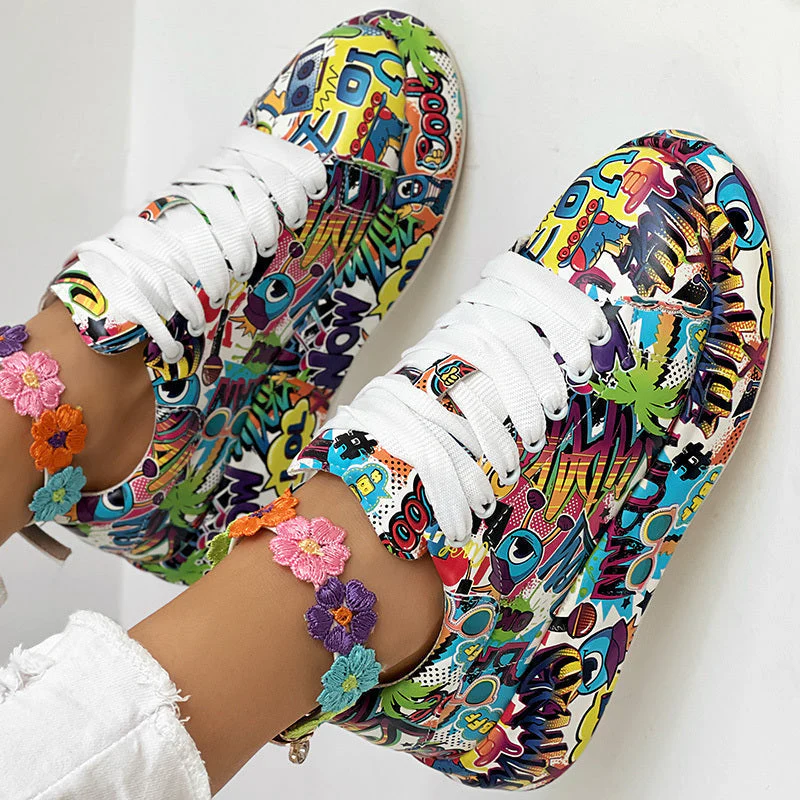 Round-Toe Thick-Sole Lace-Up Sneakers — Women’s Casual Print Shoes - Image 5