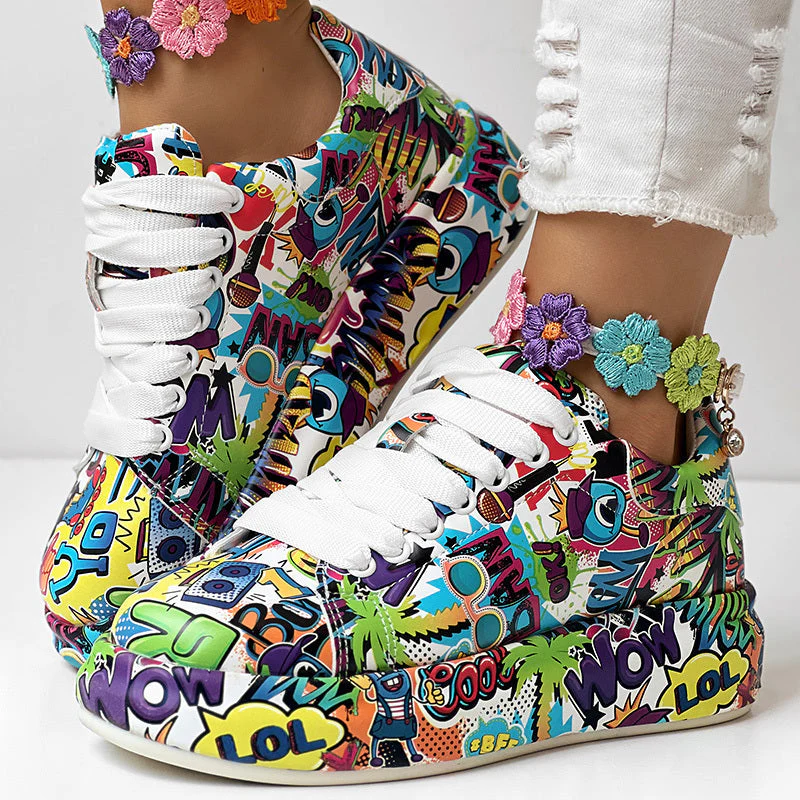 Round-Toe Thick-Sole Lace-Up Sneakers — Women’s Casual Print Shoes - Image 7