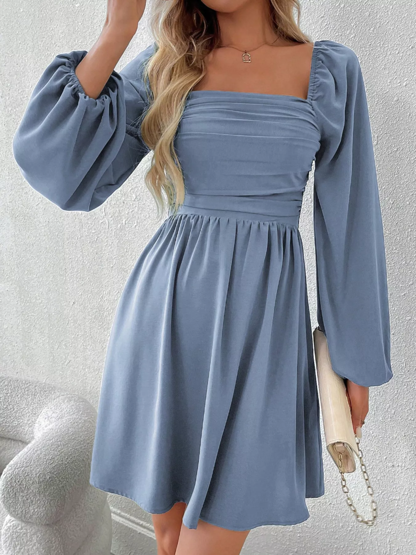 Ruched Square Neck Long Sleeve A-Line Dress - Image 14