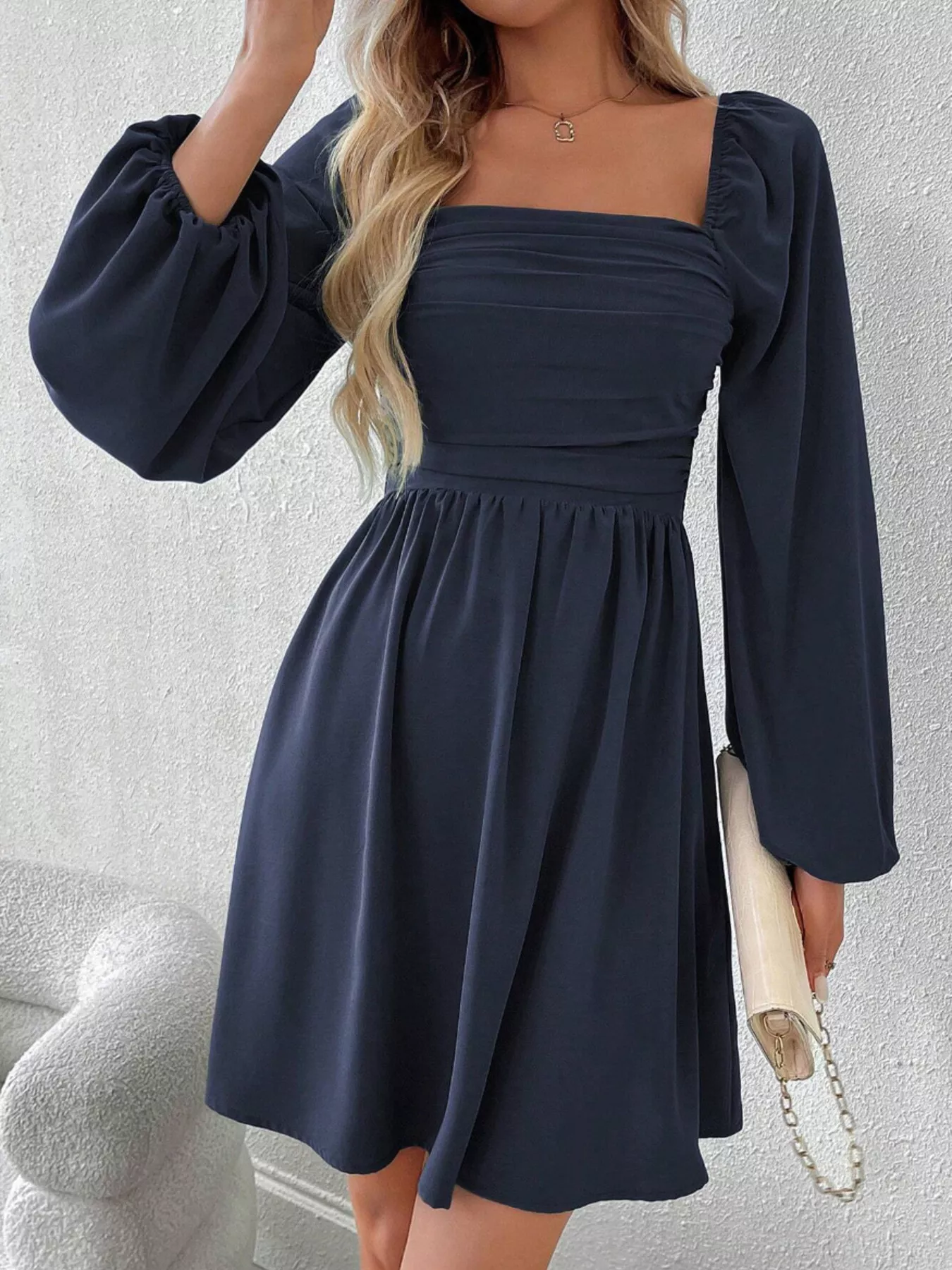 Ruched Square Neck Long Sleeve A-Line Dress - Image 21