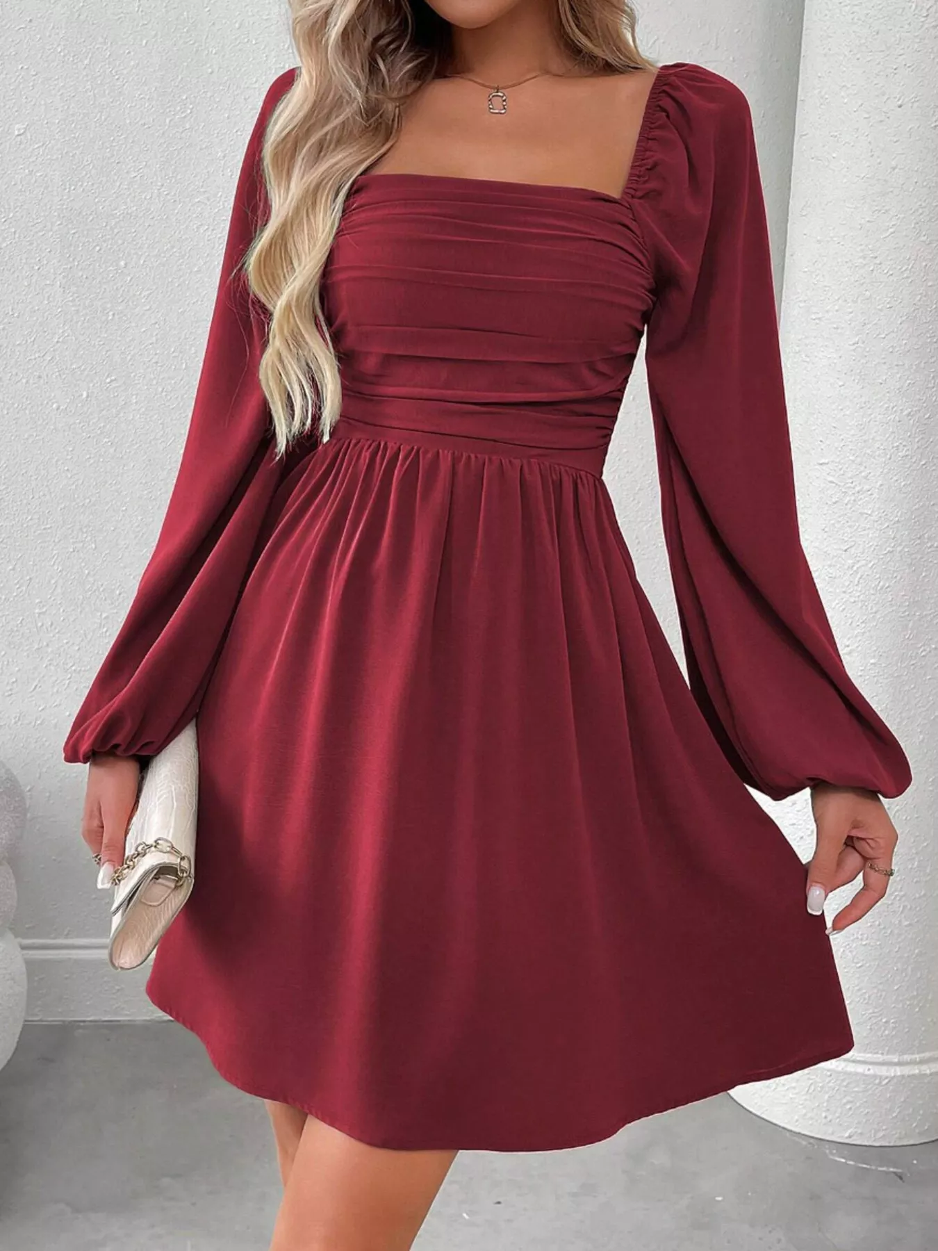 Ruched Square Neck Long Sleeve A-Line Dress - Image 4