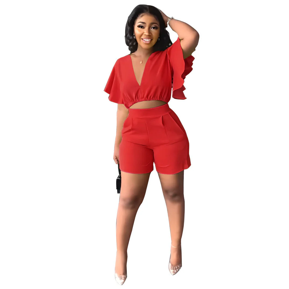 Ruffled Cropped V Neck Top Casual Shorts Summer Two-Piece Set - Image 8