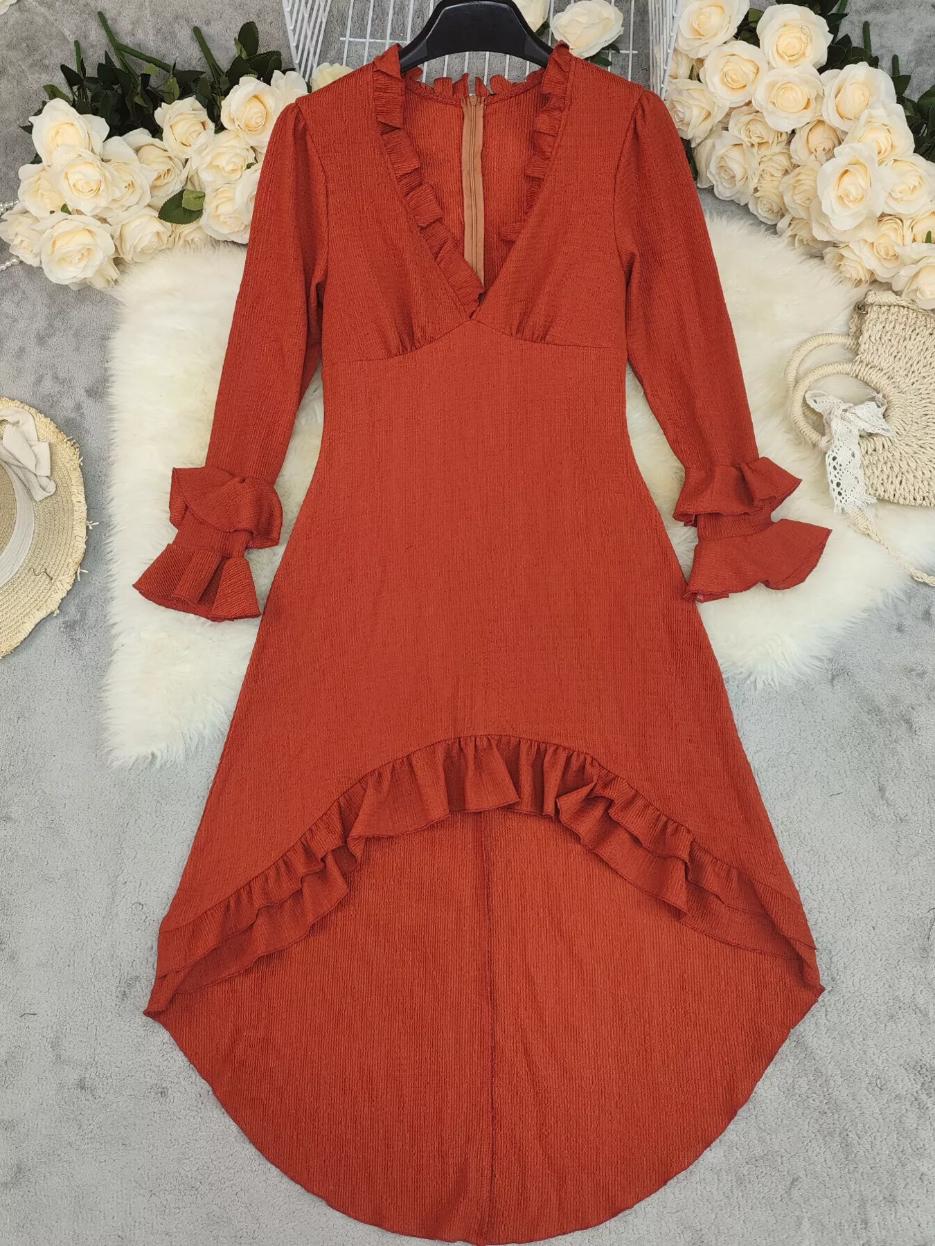 Ruffled High-Low Long Sleeve Dress - Image 2