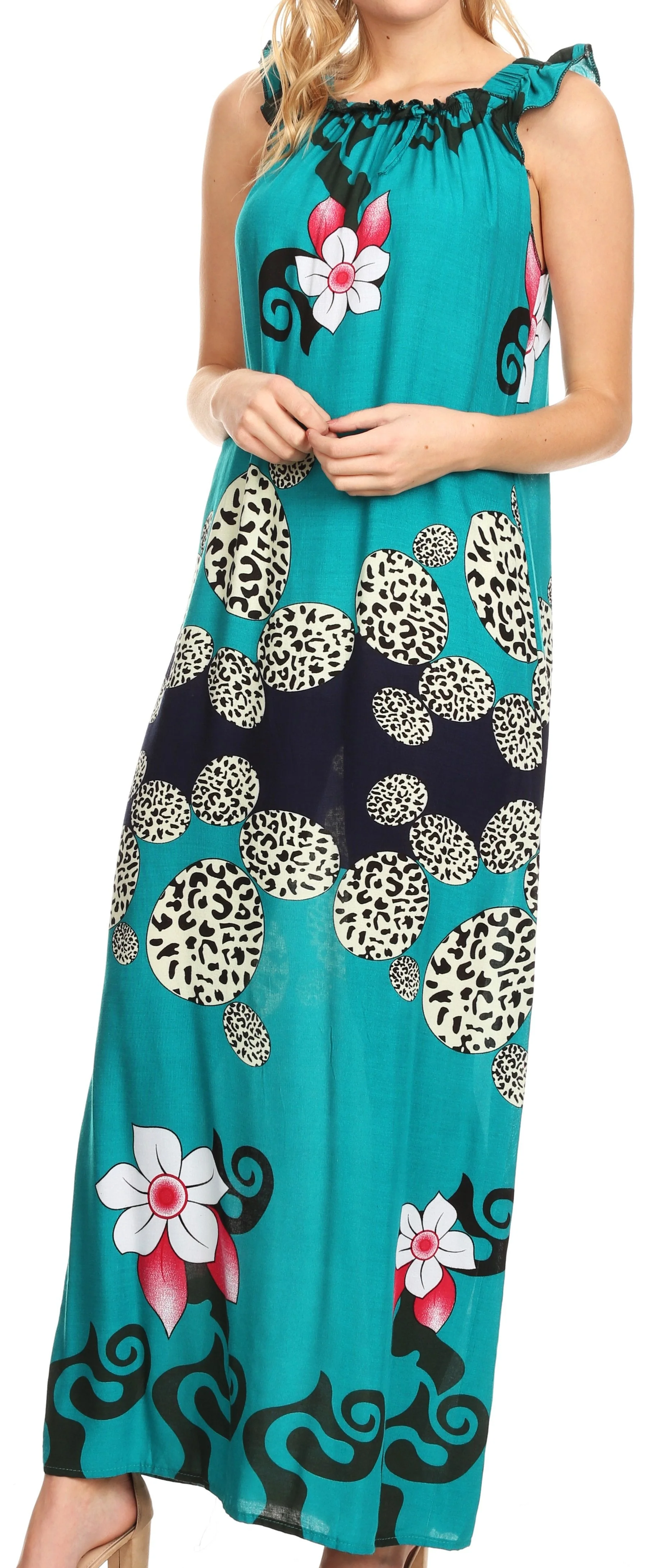 Sakkas Abby Womens Casual Long Tropical Off Shoulder Dress Elastic & Floral Print - Image 26