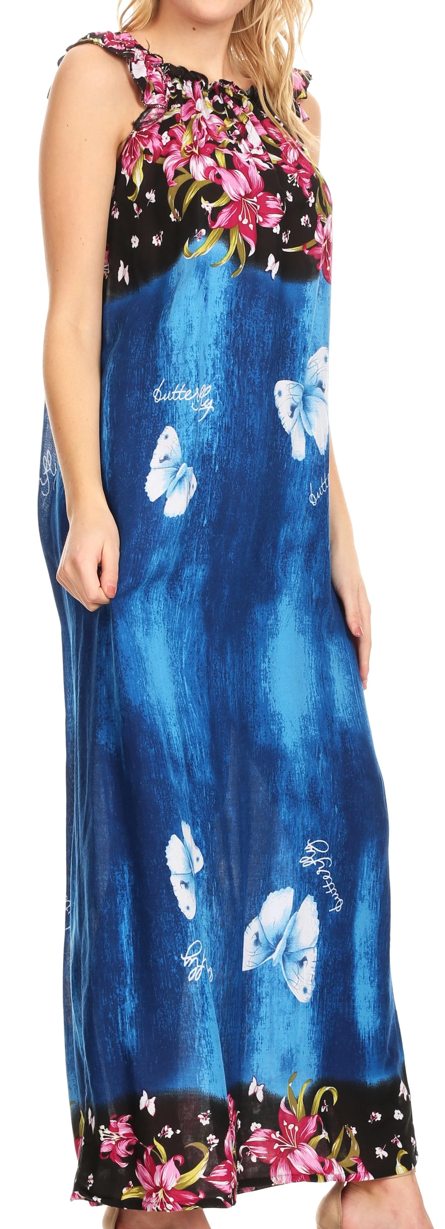 Sakkas Abby Womens Casual Long Tropical Off Shoulder Dress Elastic & Floral Print - Image 3