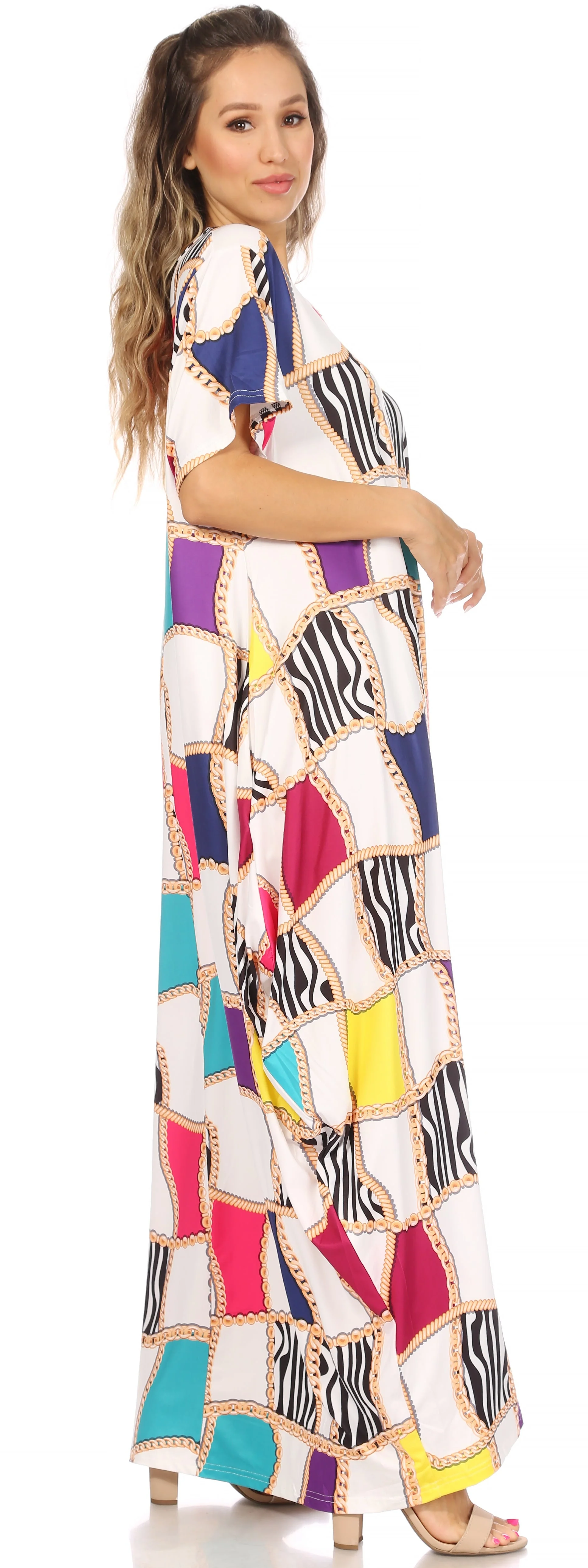 Sakkas Abeni Women's Short Sleeve Casual Print Long Maxi Cover-up Caftan Dress - Image 33
