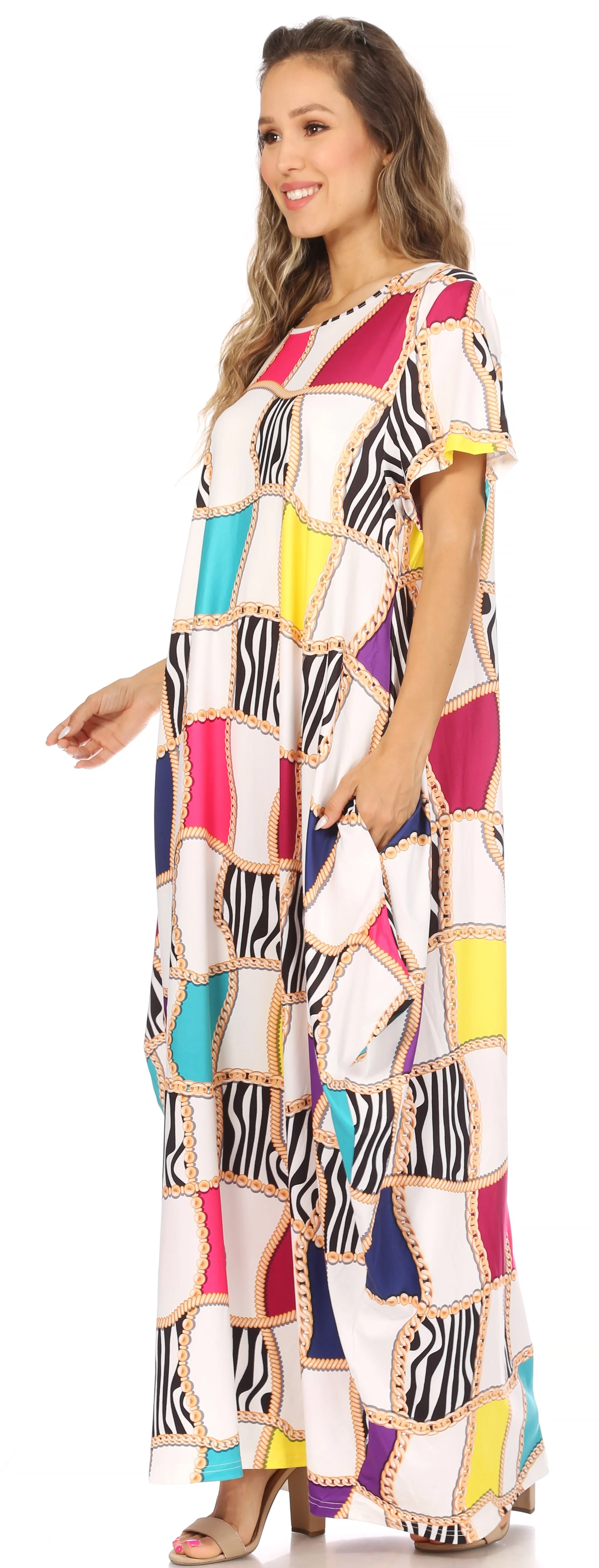 Sakkas Abeni Women's Short Sleeve Casual Print Long Maxi Cover-up Caftan Dress - Image 34