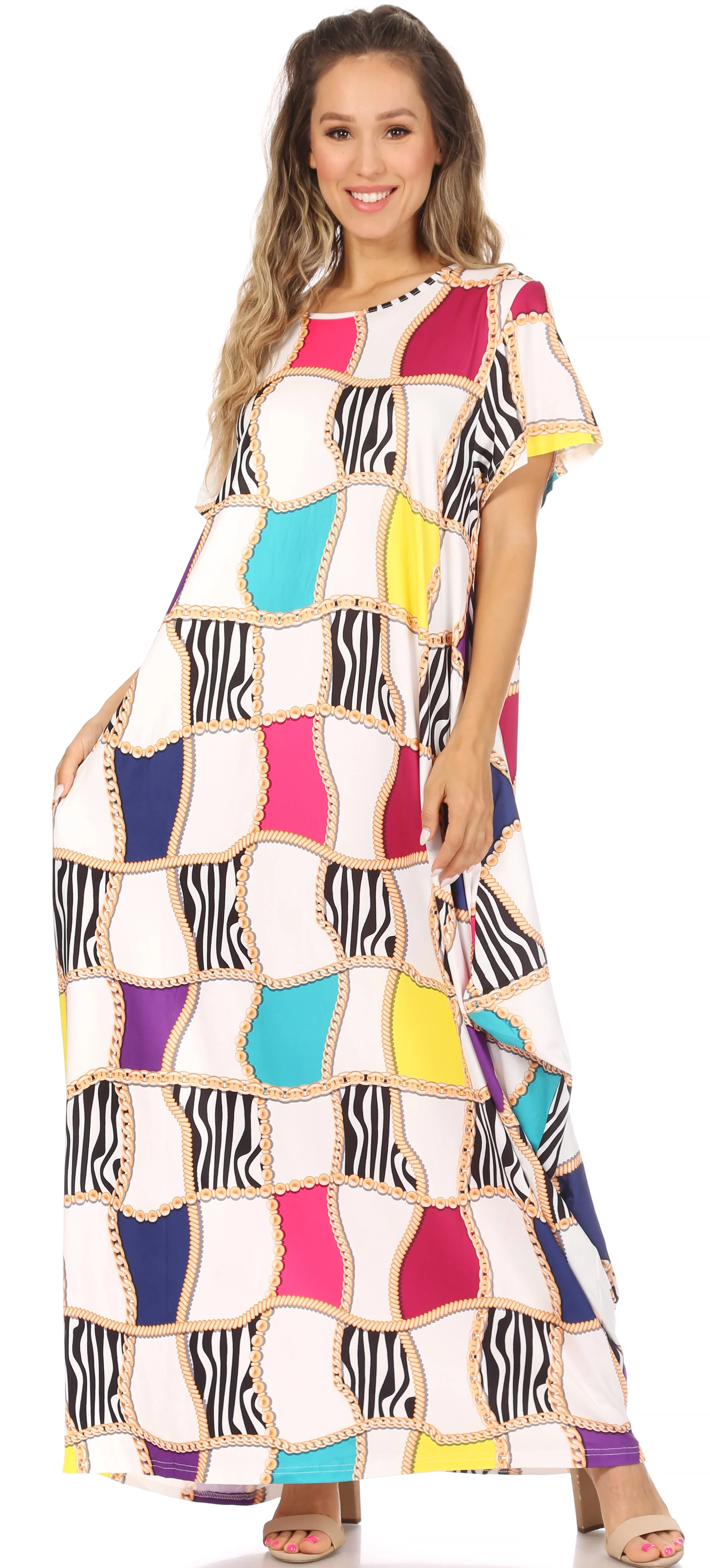 Sakkas Abeni Women's Short Sleeve Casual Print Long Maxi Cover-up Caftan Dress - Image 35
