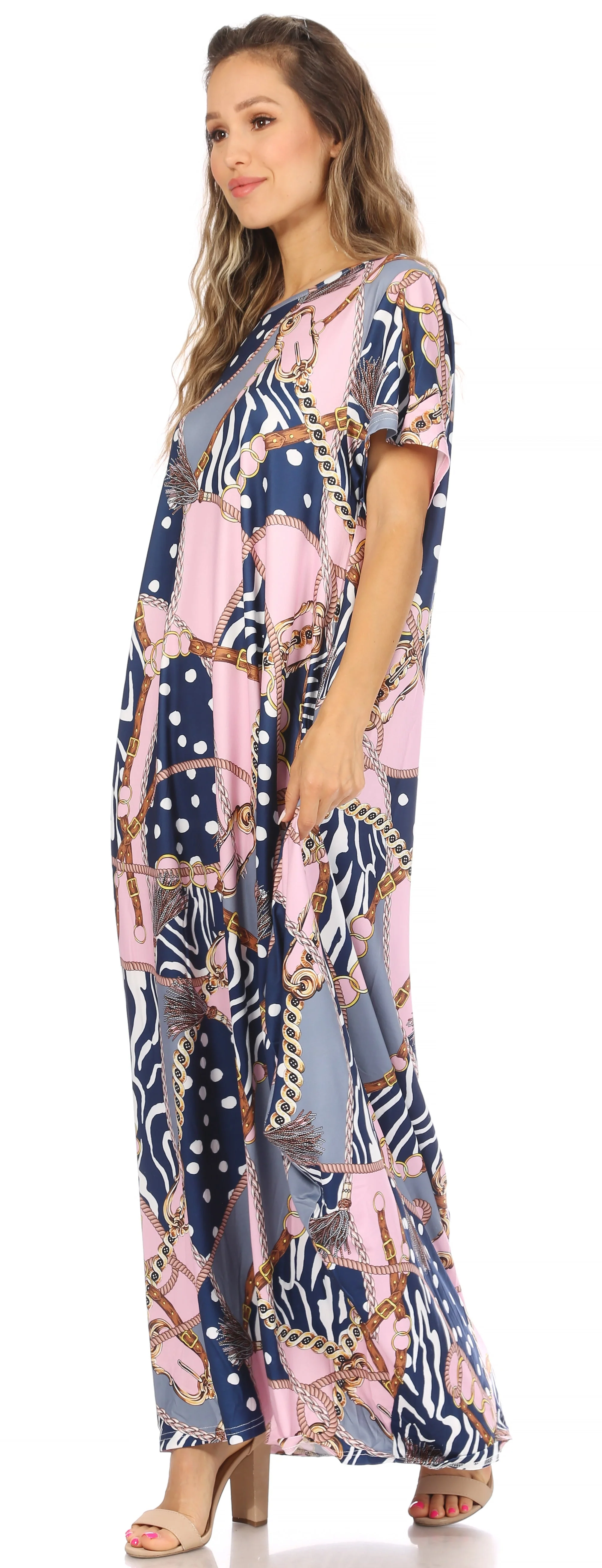 Sakkas Abeni Women's Short Sleeve Casual Print Long Maxi Cover-up Caftan Dress - Image 43