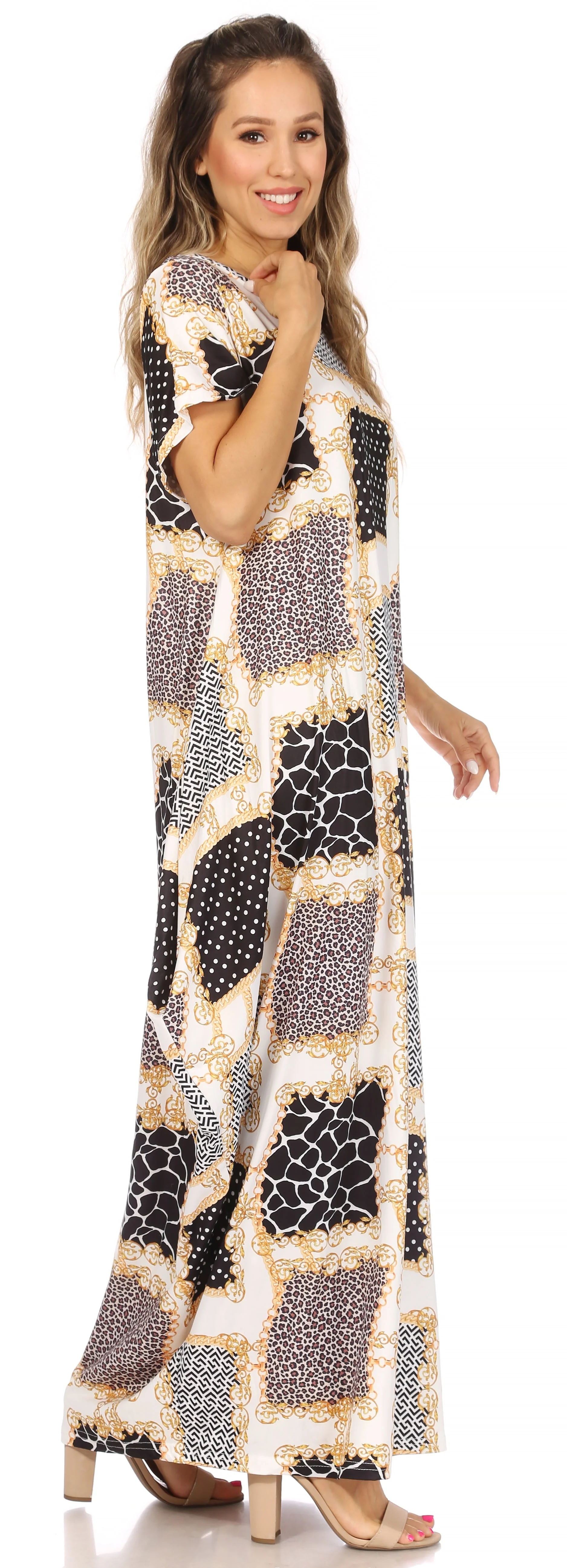 Sakkas Abeni Women's Short Sleeve Casual Print Long Maxi Cover-up Caftan Dress - Image 49