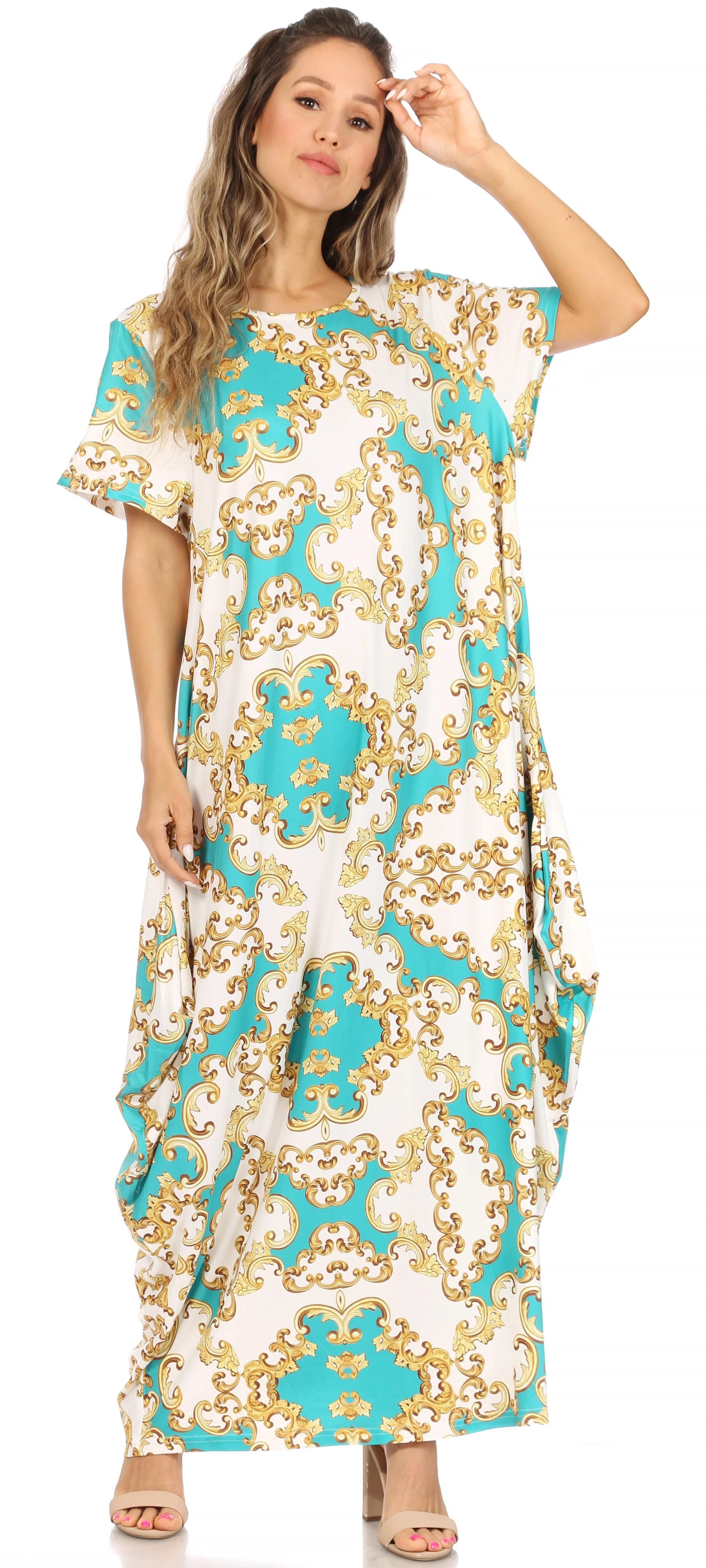 Sakkas Abeni Women's Short Sleeve Casual Print Long Maxi Cover-up Caftan Dress - Image 5