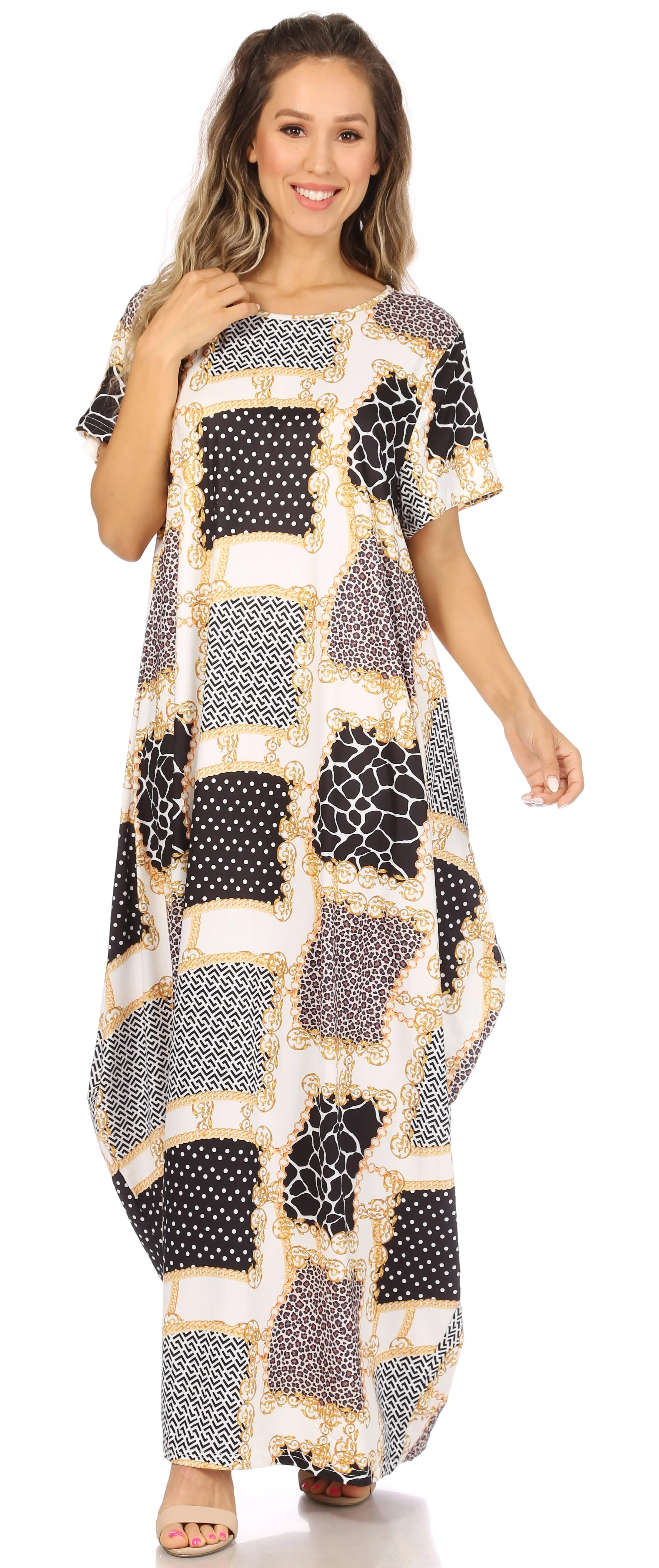 Sakkas Abeni Women's Short Sleeve Casual Print Long Maxi Cover-up Caftan Dress - Image 50