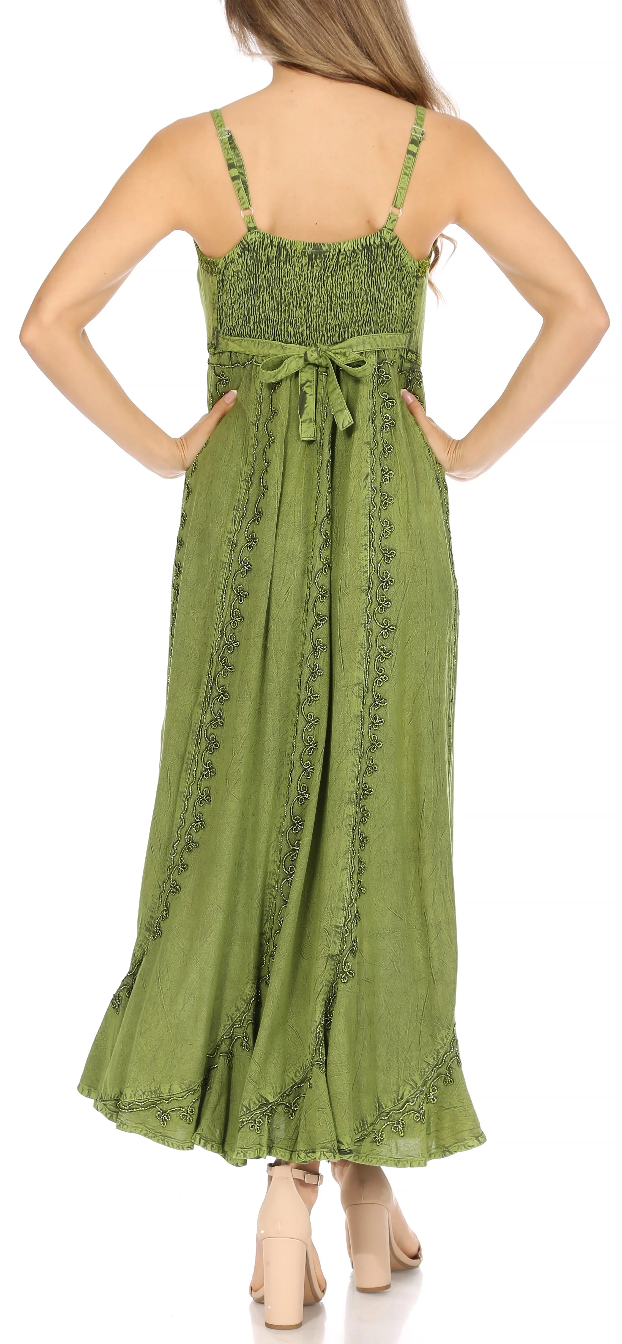 Sakkas Allie Stonewashed Embroidered Adjustable Spaghetti Straps Long Dress - Image 2