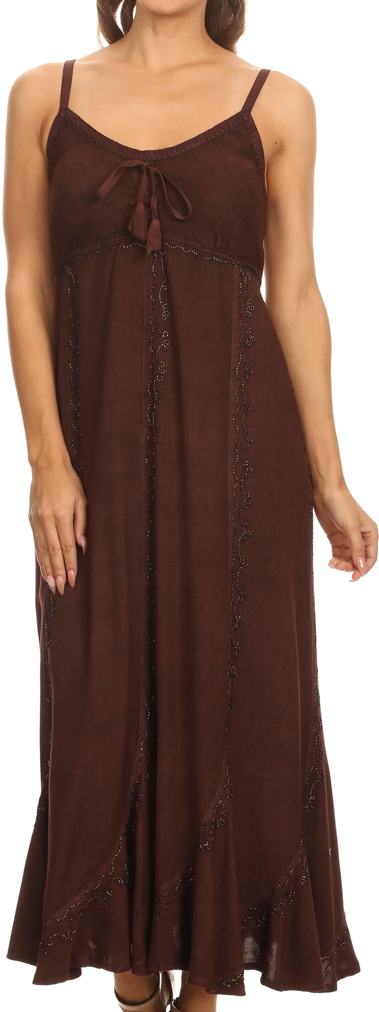 Sakkas Allie Stonewashed Embroidered Adjustable Spaghetti Straps Long Dress - Image 37