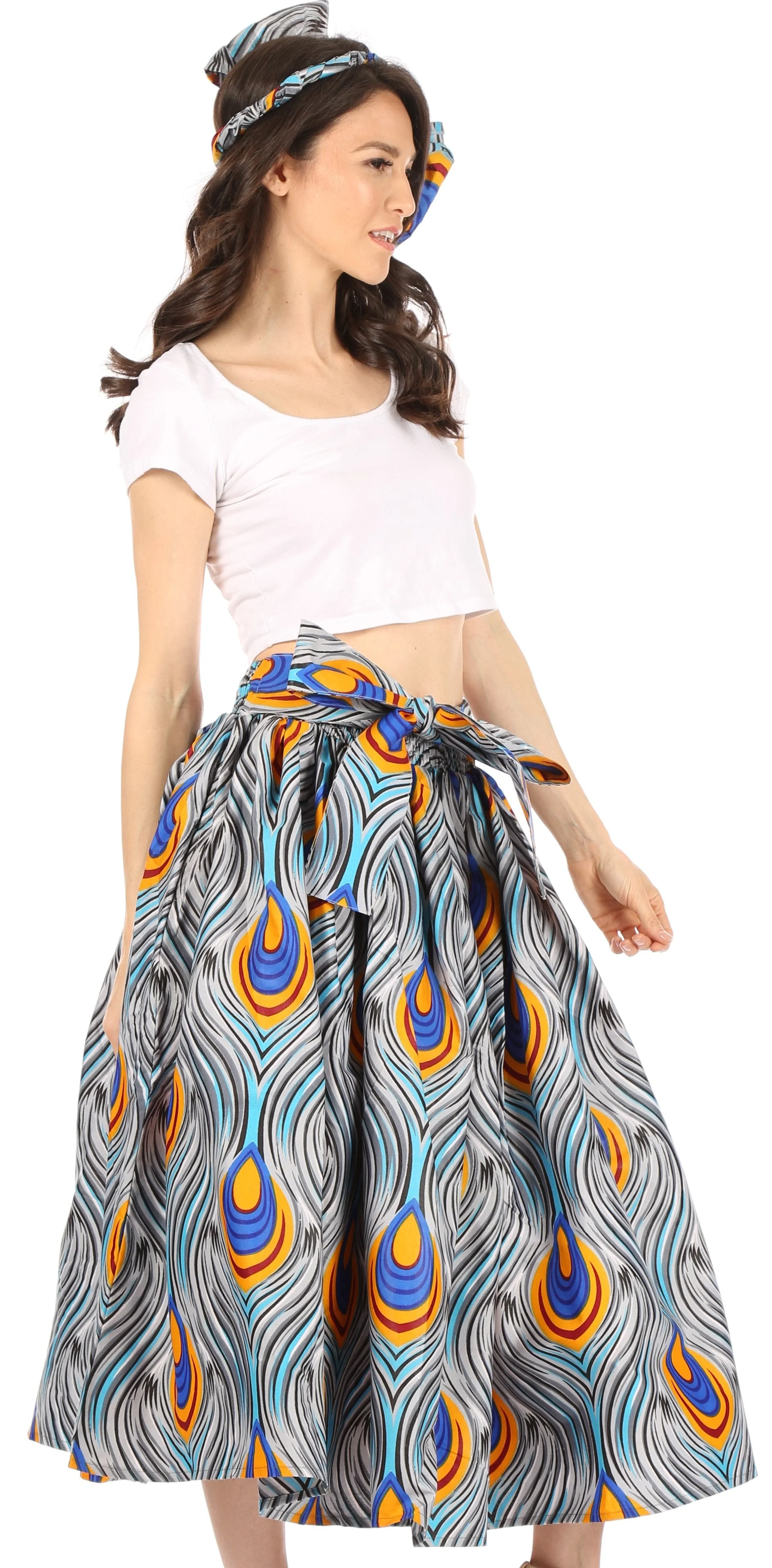Sakkas Ama Women's Vintage Circle African Ankara Print Midi Skirt with Pockets - Image 66